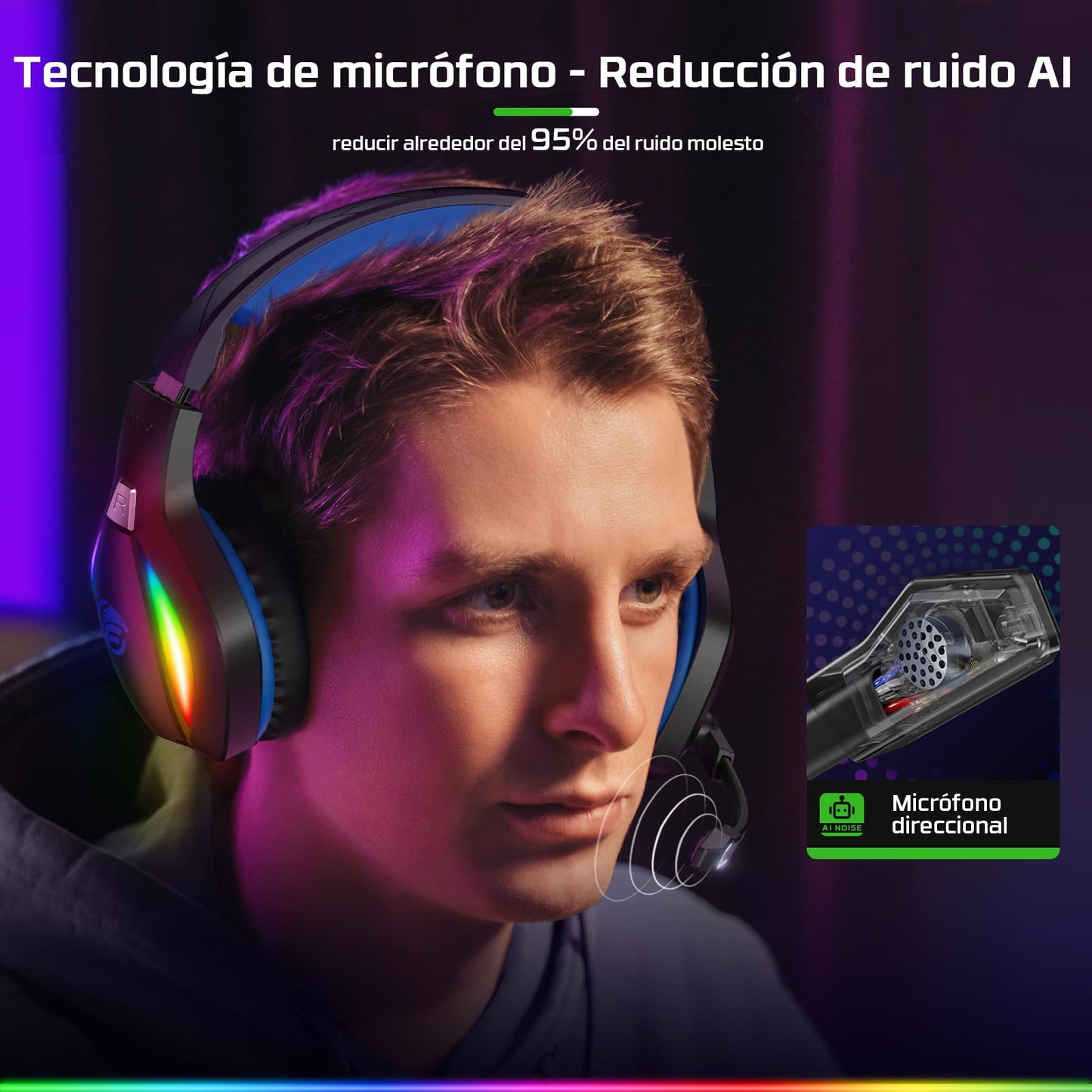 Fachixy 「2024 New」 FC100 Cascos Gaming para PS4/PS5/PC/Xbox One/Switch, Auriculares Gaming Cancelación de Ruido, Cascos con Microfono Estéreo Sonido, Cascos PS4 con 3.5mm Jack con Luz RGB (Azul)