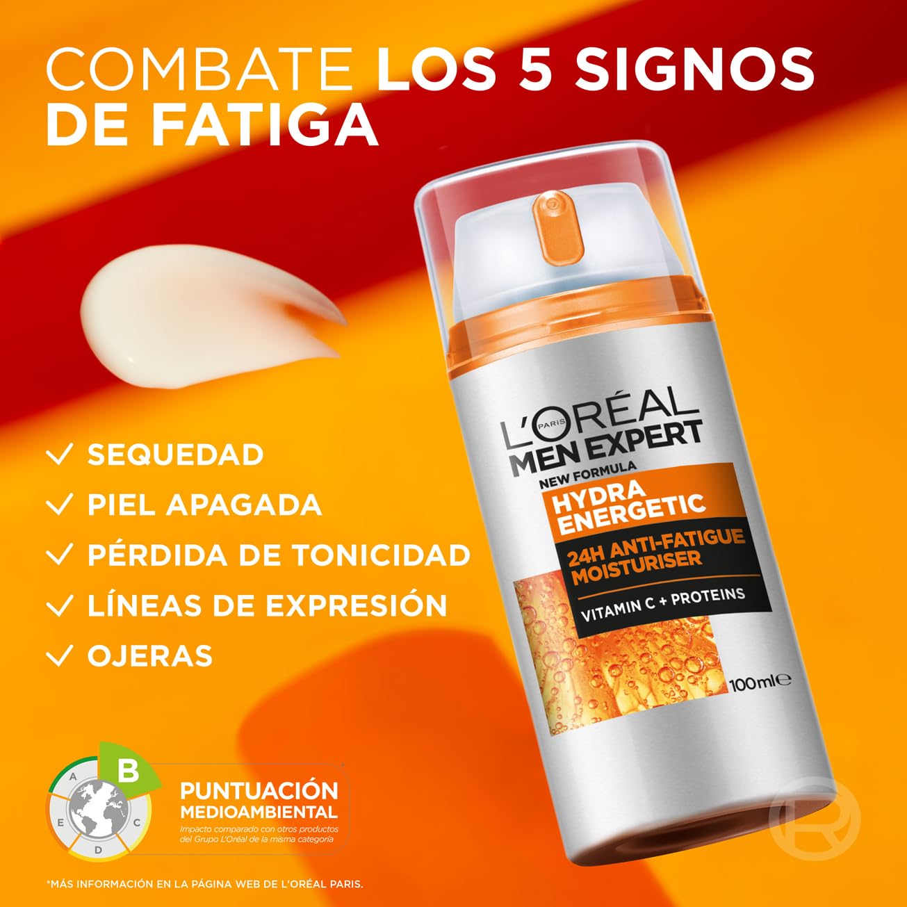 L'Oréal Men Expert Crema Hidratante Anti-Fatiga 24h Hydra Energetic para Hombres, Crema Facial de Uso Diario, Aporta Energía, Formato 100 ml