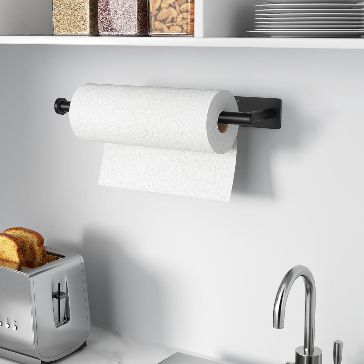 Paper Towel Holder - Self-Adhesive or Drilling, Matte Black Wall Mounted Rack - SUS304 Stainless Steel Kitchen Roll Holder Under Cabinet