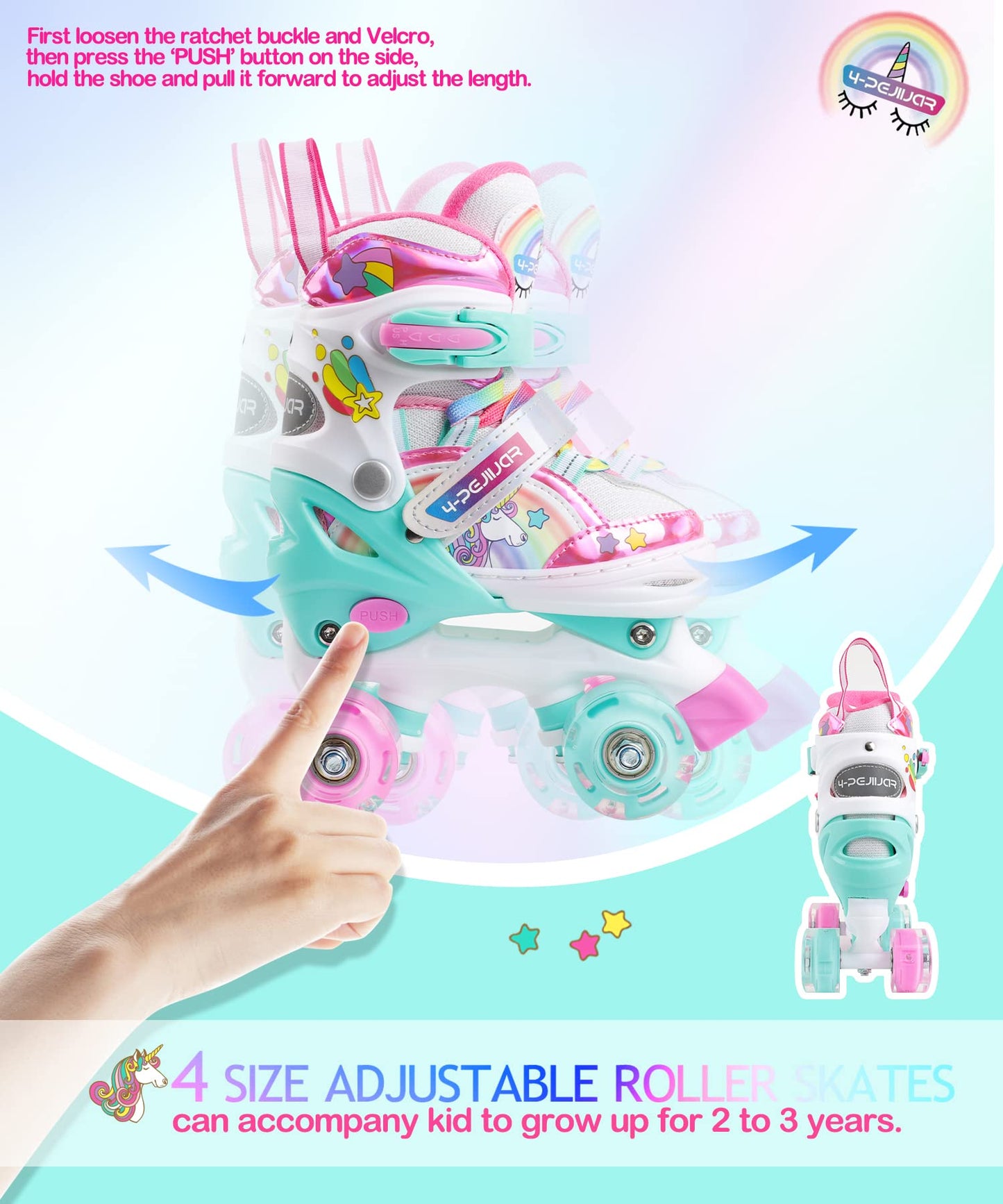 Patines Unicornio para Niños Patines Roller Quad Ajustables con Ruedas Luminosas para Niñas y Niños Principiantes