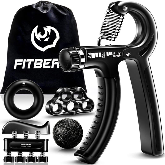 FitBeast Hand Grip para Antebrazo Ejercitar – Paquete de 5 Piezas, Fortalecedor de Agarre de Manos Ajustables, Ejercitador de Manos, Para Estirar Los Dedos, Anillo para Entrenar y Pelota Anti Estrés