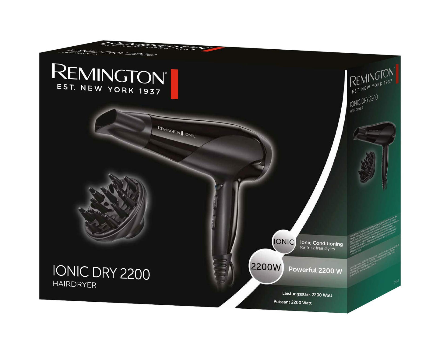 Remington Secador de Pelo Ionic Dry 2200, Iónico, Cabello Sin Encrespamiento, 2200 W, Concentrador y Difusor, 3 Temperaturas, 2 Velocidades, Rejilla Trasera Desmontable, Gancho Para Colgar, D3198