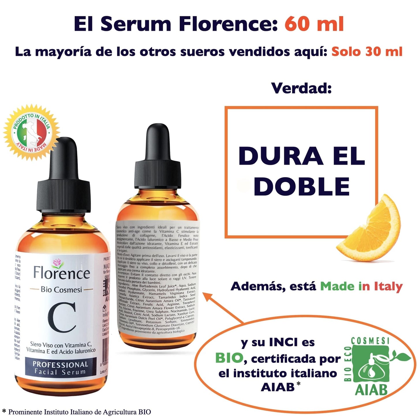 60ml. Bio Sérum Facial con Vitamina C, E y Ácido Hyalurónico. Suero Hidratante, Antiarrugas y Antimanchas para la Cara. Vegano/Organic. Crema Antiedad para Contorno de Ojos y Dermaroller