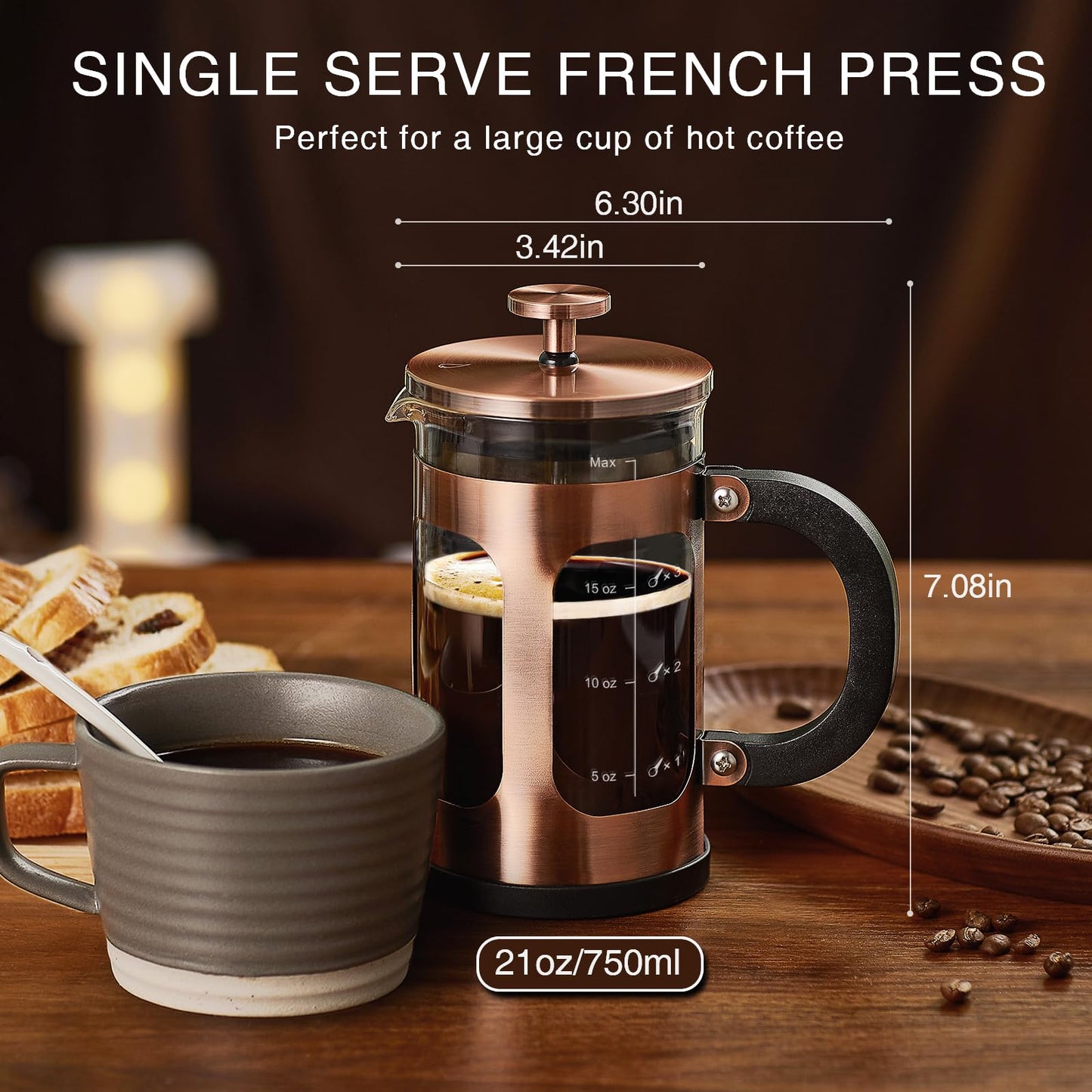 BAYKA 21 Ounce 0.6 Liter French Press Coffee Tea Maker Small, Heat Resistant Thickened Borosilicate Glass Stainless Steel Coffee Press Single Serve, Cold Brew Coffee Pot Tea Press, Copper