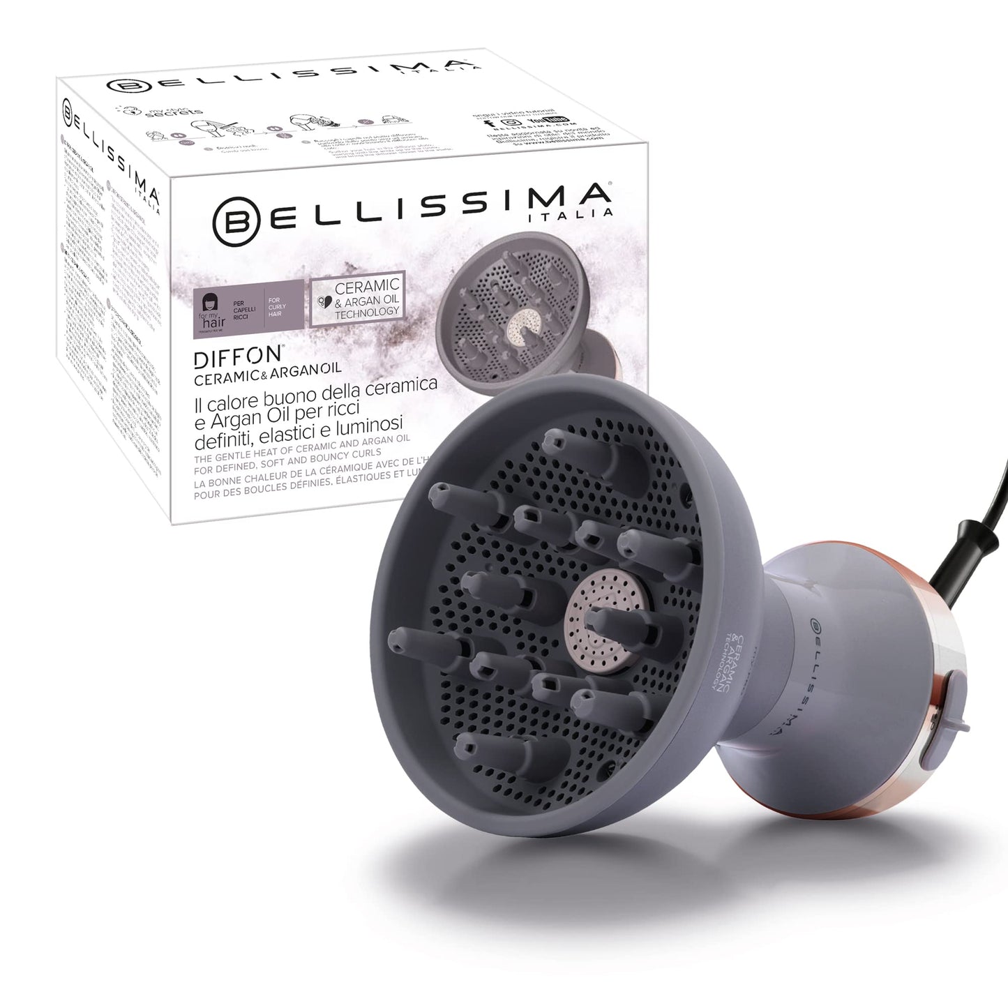 Bellissima Imetec Diffon Ceramic & Argan Oil Difusor de Aire Caliente para Cabello Rizado, Tecnología de 2 Niveles de Aire/Temperatura, Secado Suave, 700 W, Color Gris