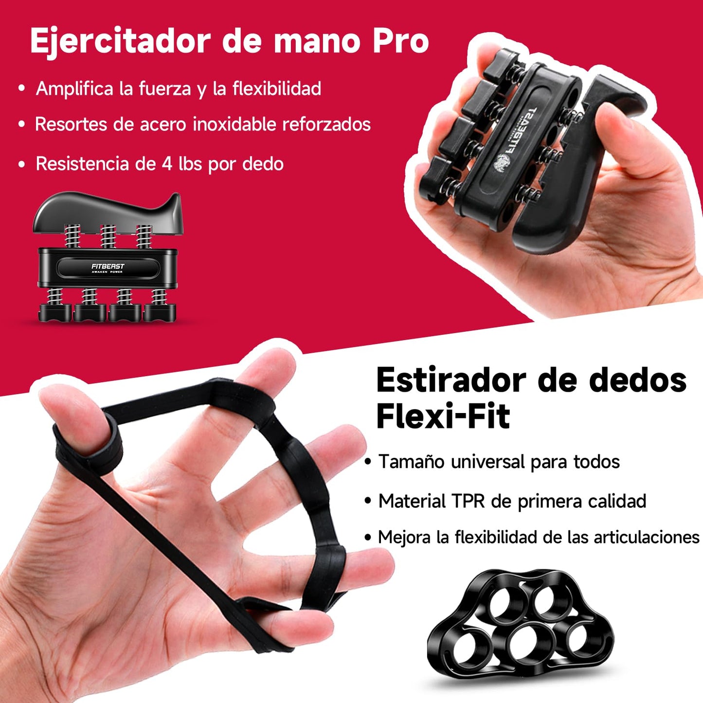 FitBeast Hand Grip para Antebrazo Ejercitar – Paquete de 5 Piezas, Fortalecedor de Agarre de Manos Ajustables, Ejercitador de Manos, Para Estirar Los Dedos, Anillo para Entrenar y Pelota Anti Estrés