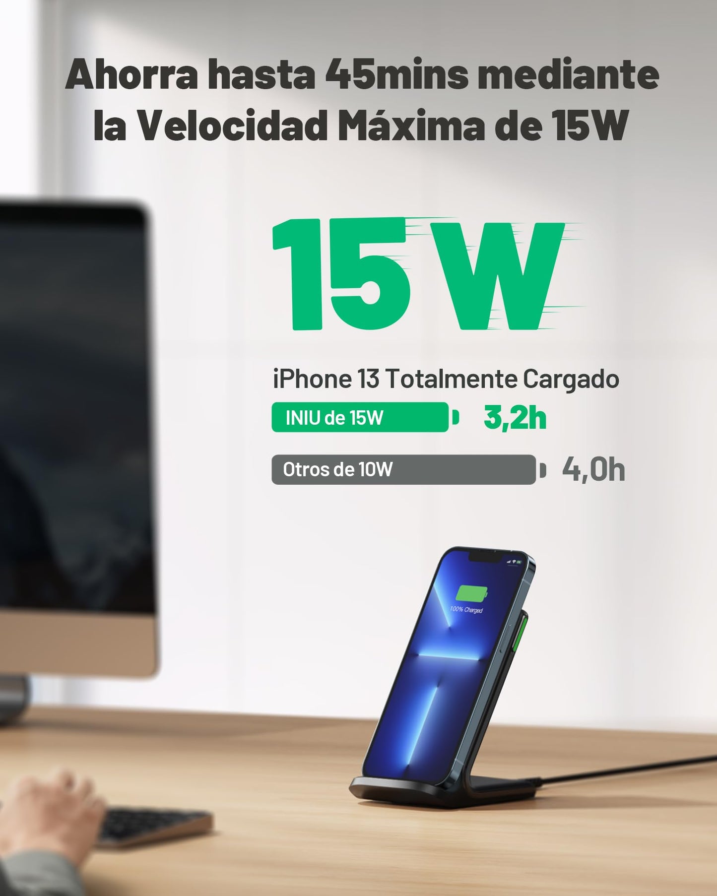 INIU Cargador Inalámbrico Rápido Stand, 15W Certificación Qi Wireless Charger Estación Phone Fast Charge Holder para iPhone 16 15 14 13 12 11 Pro MAX Plus Samsung Galaxy Google Pixel Xiaomi etc