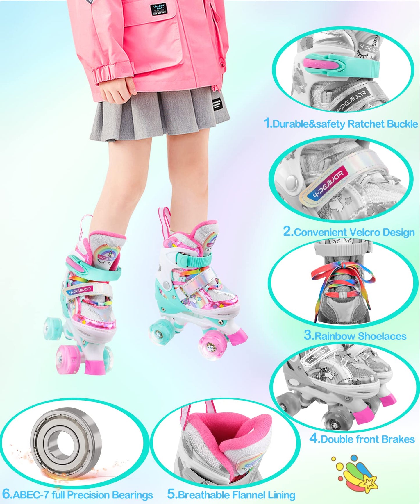 Patines Unicornio para Niños Patines Roller Quad Ajustables con Ruedas Luminosas para Niñas y Niños Principiantes