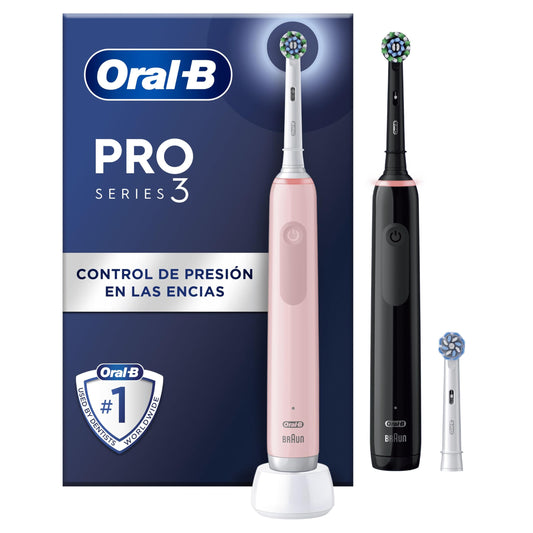 Oral-B Pro 3 3900N Cepillos de Dientes Eléctricos (Pack de 2) con Mango Recargable y Cabezal de Recambio, Diseñado Por Braun, Regalos Orginales para Mujer y Hombre - Negro y Rosa