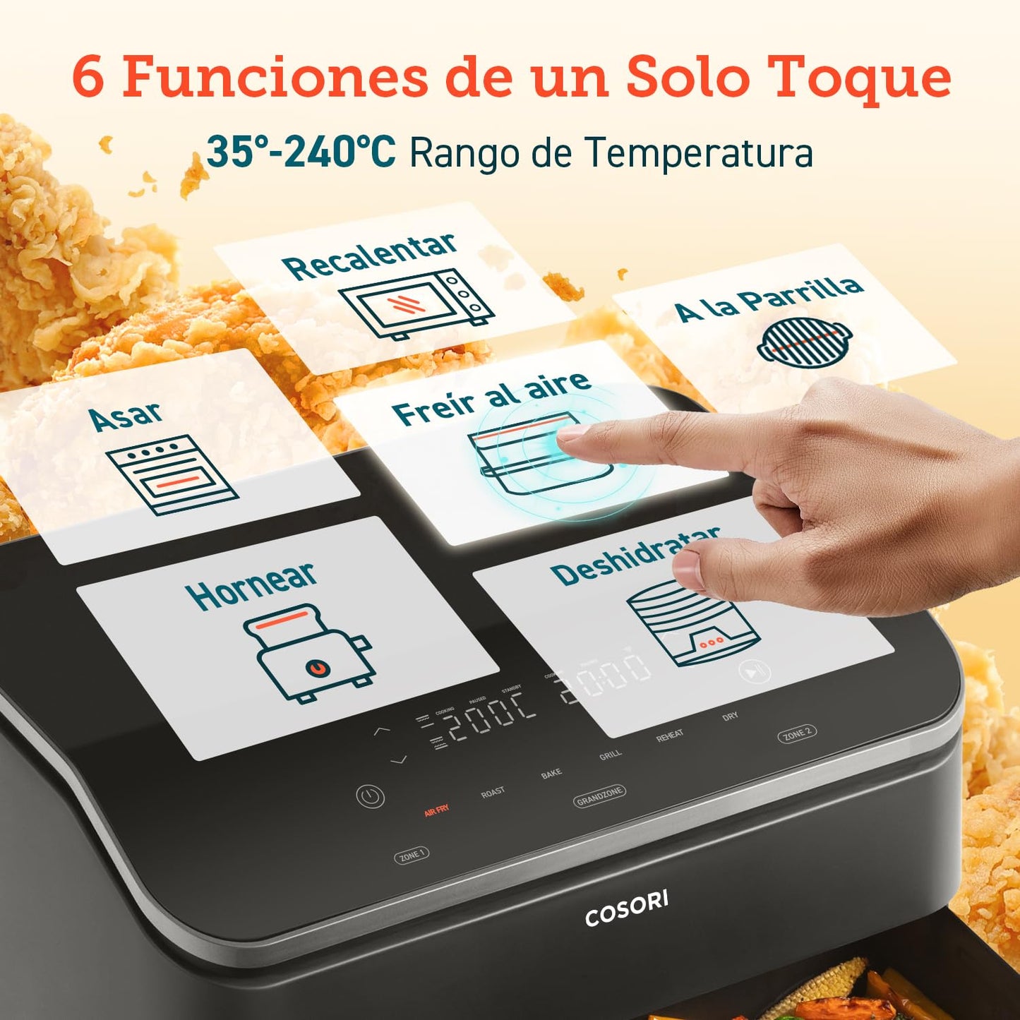 COSORI Freidora de Aire Dual Blaze TwinFry 10L, Air Fryer con 4 Resistencias de Doble Cesta a Una, 35-240ºC, Asar, Hornear y Deshidratar, 6 en 1, 70+ Recetas de Chefs y Pinzas, 8 Porciones, 2800W