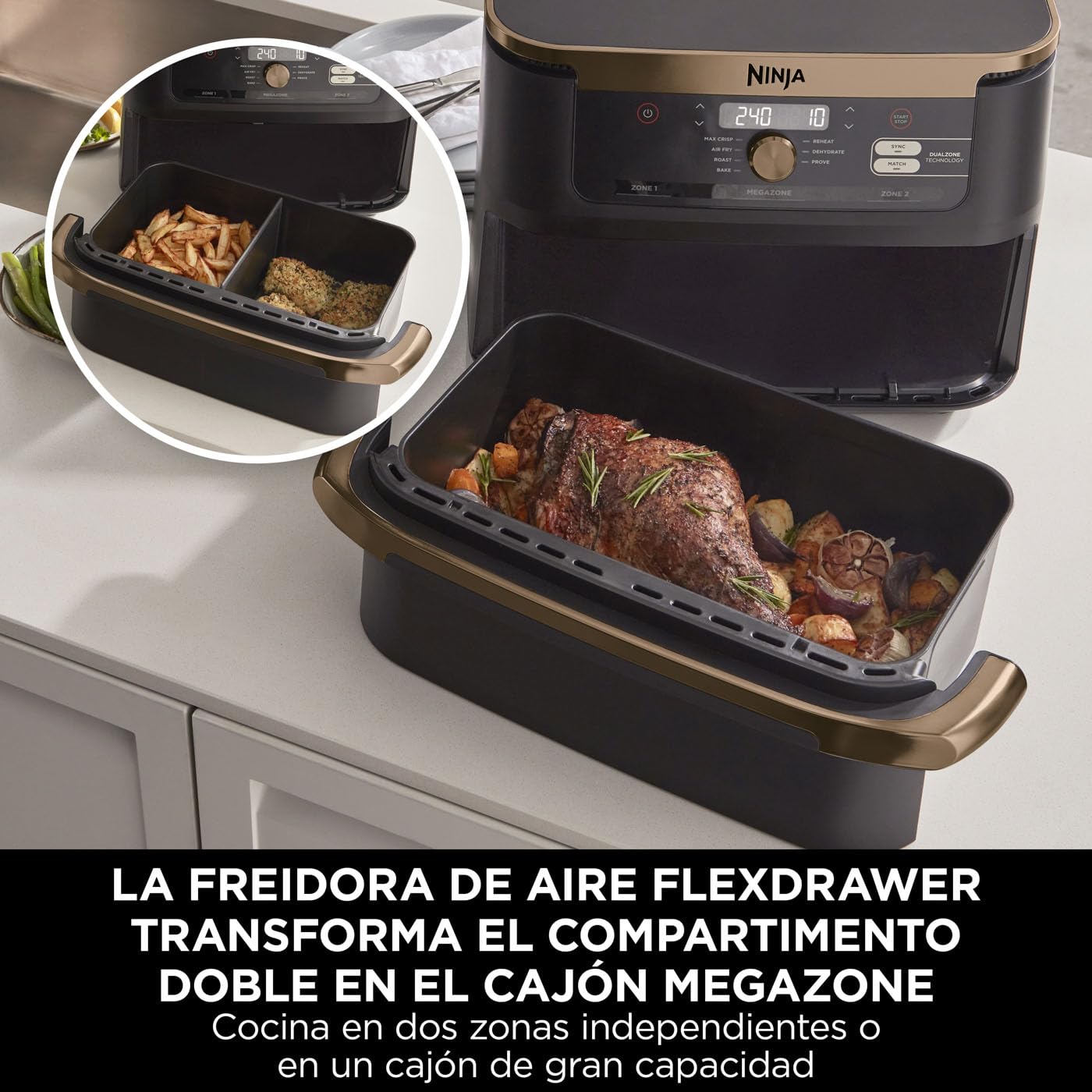 Ninja Foodi FlexDrawer Freidora de Aire Dual Zone, 10.4L, Air Fryer, 7 en 1, Freidora sin Aceite con 2 Cestas y Divisor Extraíble, Asa, Hornea, Frie, Pinzas Incluídas, Negro y Cobre, AF500EUCP