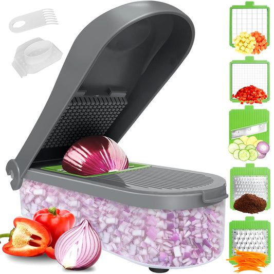 LHS Vegetable Chopper Slicer 7 in 1 Veggie Chopper Dicer Cutter Multifunctional Food Chopper Onion Chopper Salad Potato Cutter Vegetable Chopper with Container -Grey