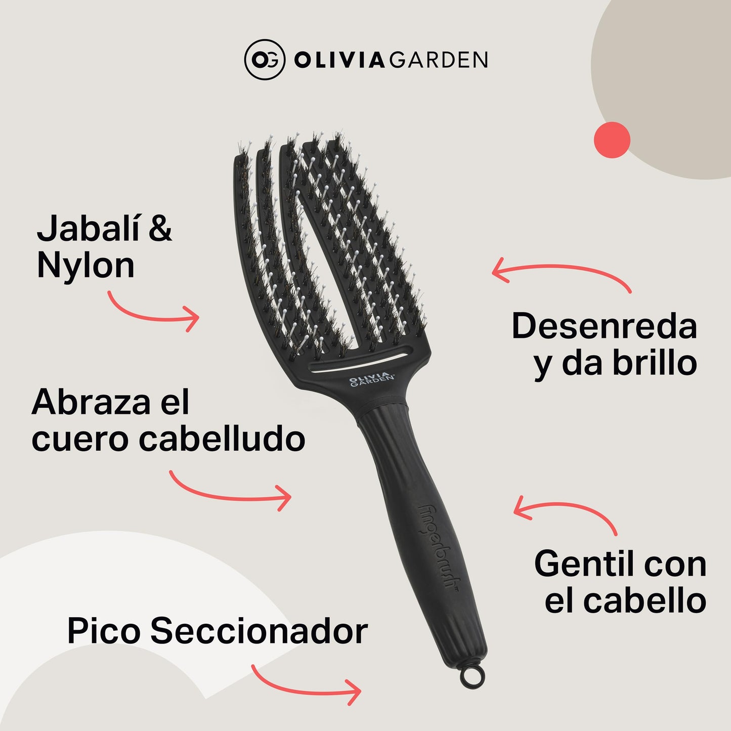 Olivia Garden Fingerbrush Care Iconic - Medium - Black - Detangling Hairbrush with Boar & Nylon Bristles for Ultimate Shine & Smooth Styling