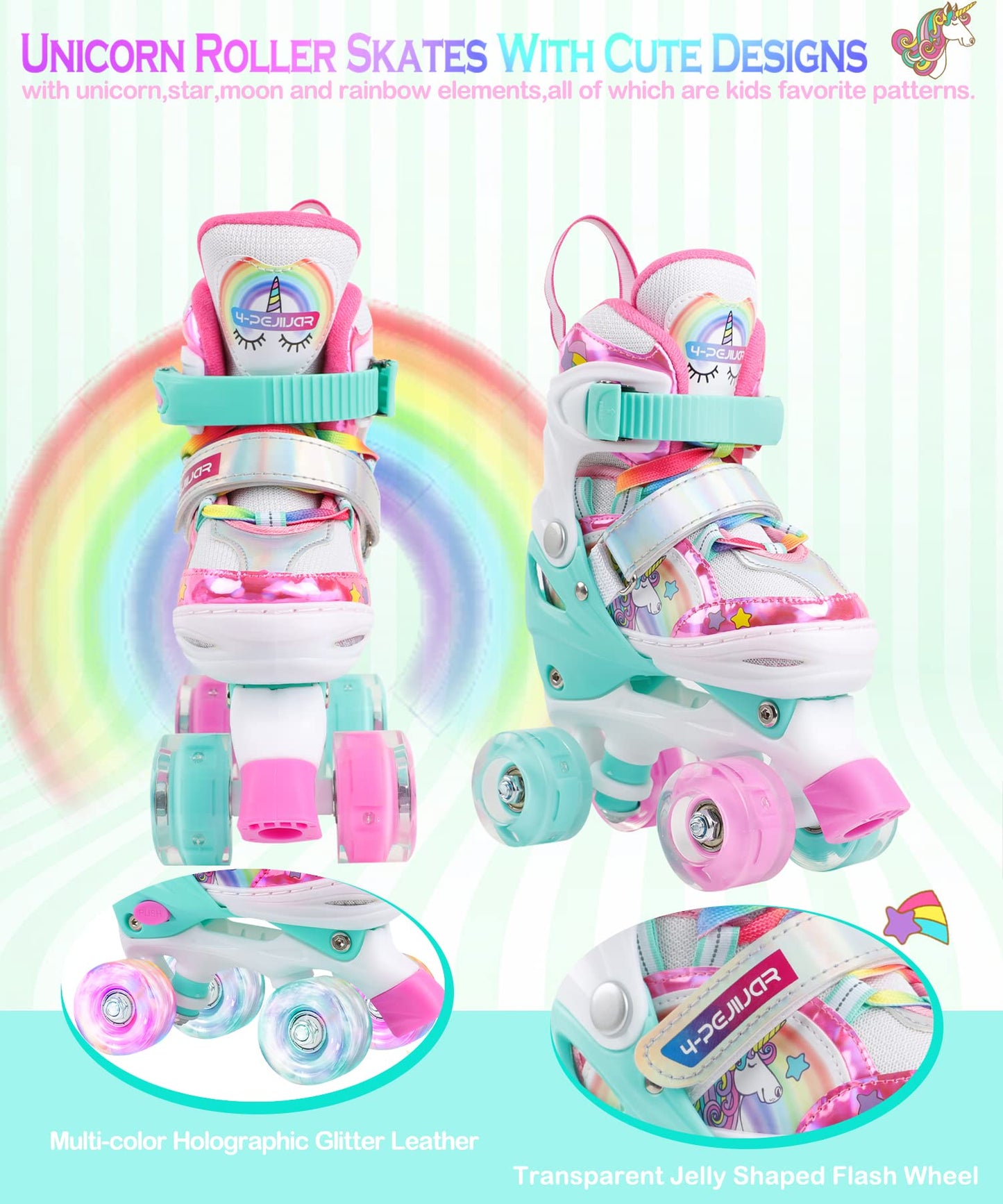 Patines Unicornio para Niños Patines Roller Quad Ajustables con Ruedas Luminosas para Niñas y Niños Principiantes