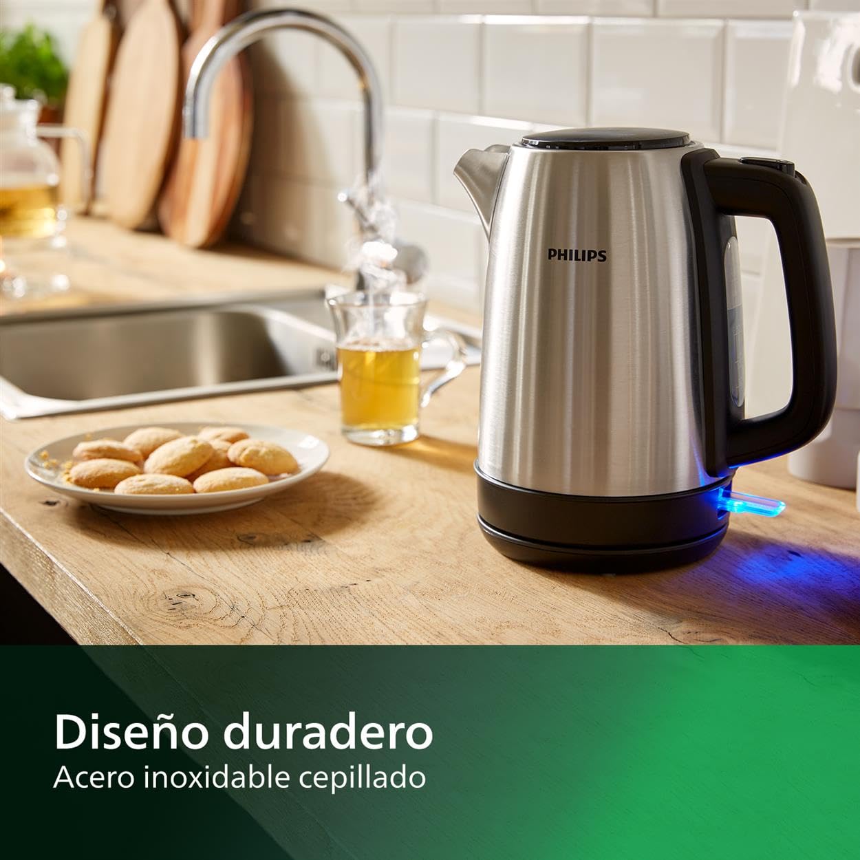 Philips Hervidor de Agua - 1.7L, Tapa con Resorte, Indicador Luminoso, Acero Inox, Base con Giro (HD9350/90)