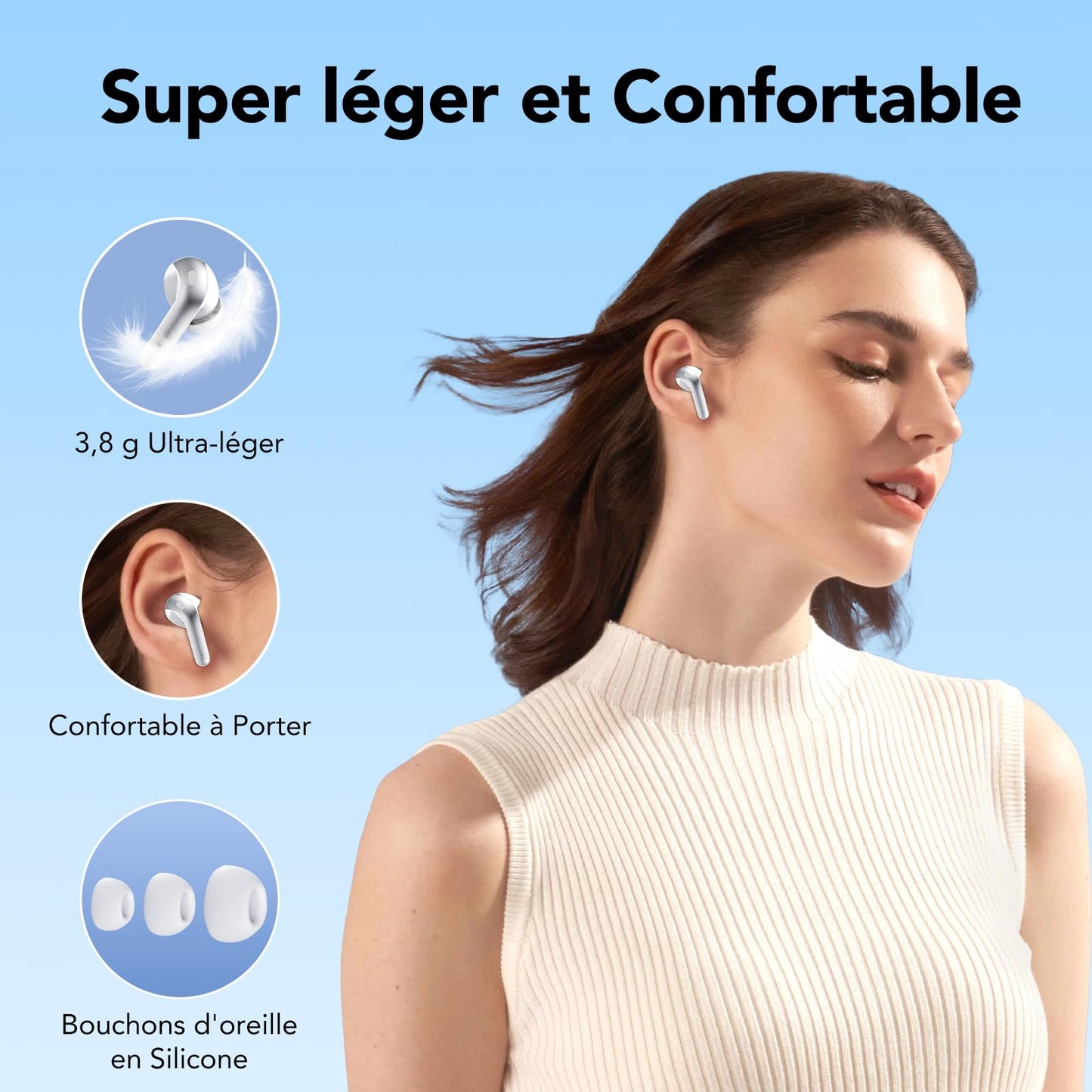 Auriculares Inalámbricos Bluetooth, Auriculares Bluetooth 5.3 con 4 HD Mic HiFi Estéreo, Reducción de Ruido Auriculares,14.2 mm Controlador dinámico, IP7 Impermeable 50H Cascos Inalambricos Blanco