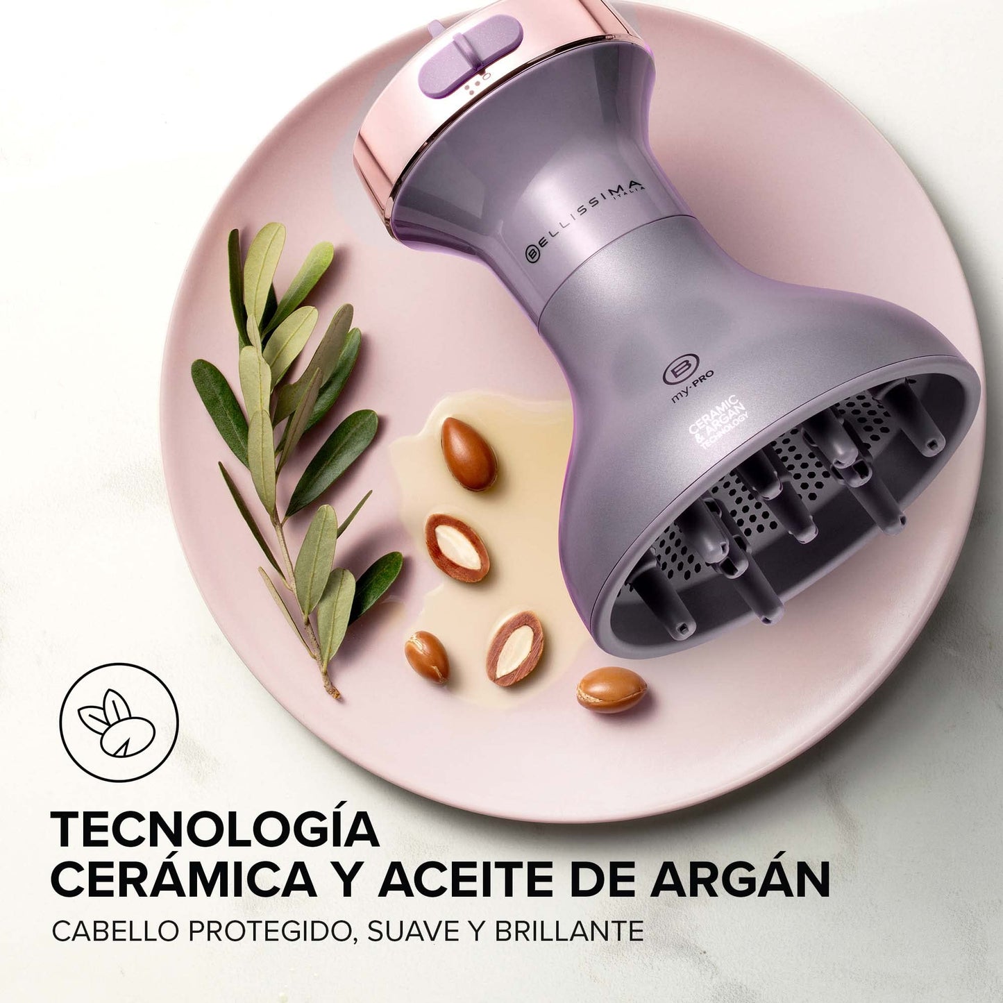 Bellissima Imetec Diffon Ceramic & Argan Oil Difusor de Aire Caliente para Cabello Rizado, Tecnología de 2 Niveles de Aire/Temperatura, Secado Suave, 700 W, Color Gris