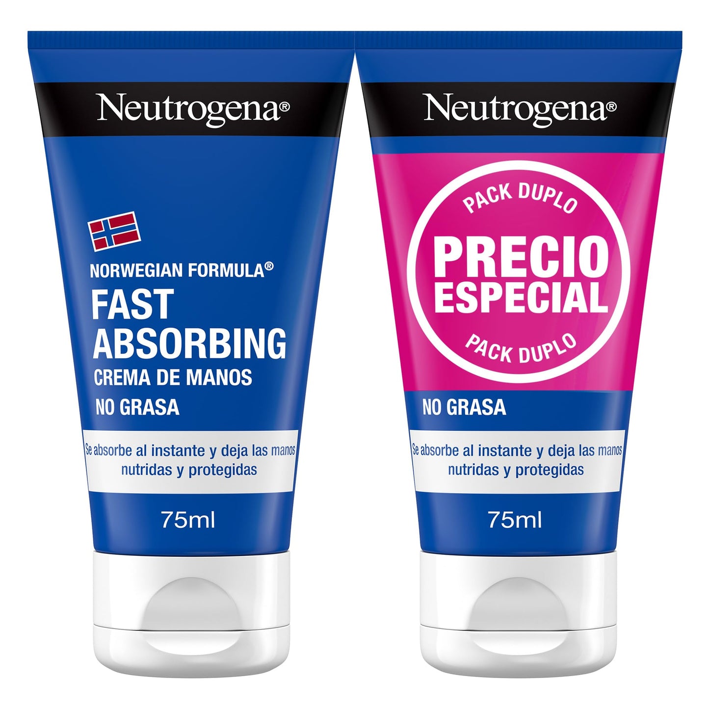 Neutrogena Fórmula Noruega Fast Absorbing (pack de 2 x 75 ml) crema de manos reparadora no grasa con glicerina y vitamina E, crema para manos agrietadas y secas de rápida absorción