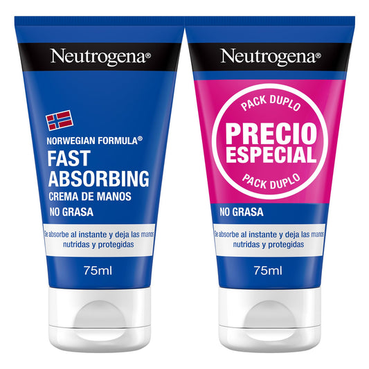 Neutrogena Fórmula Noruega Fast Absorbing (pack de 2 x 75 ml) crema de manos reparadora no grasa con glicerina y vitamina E, crema para manos agrietadas y secas de rápida absorción