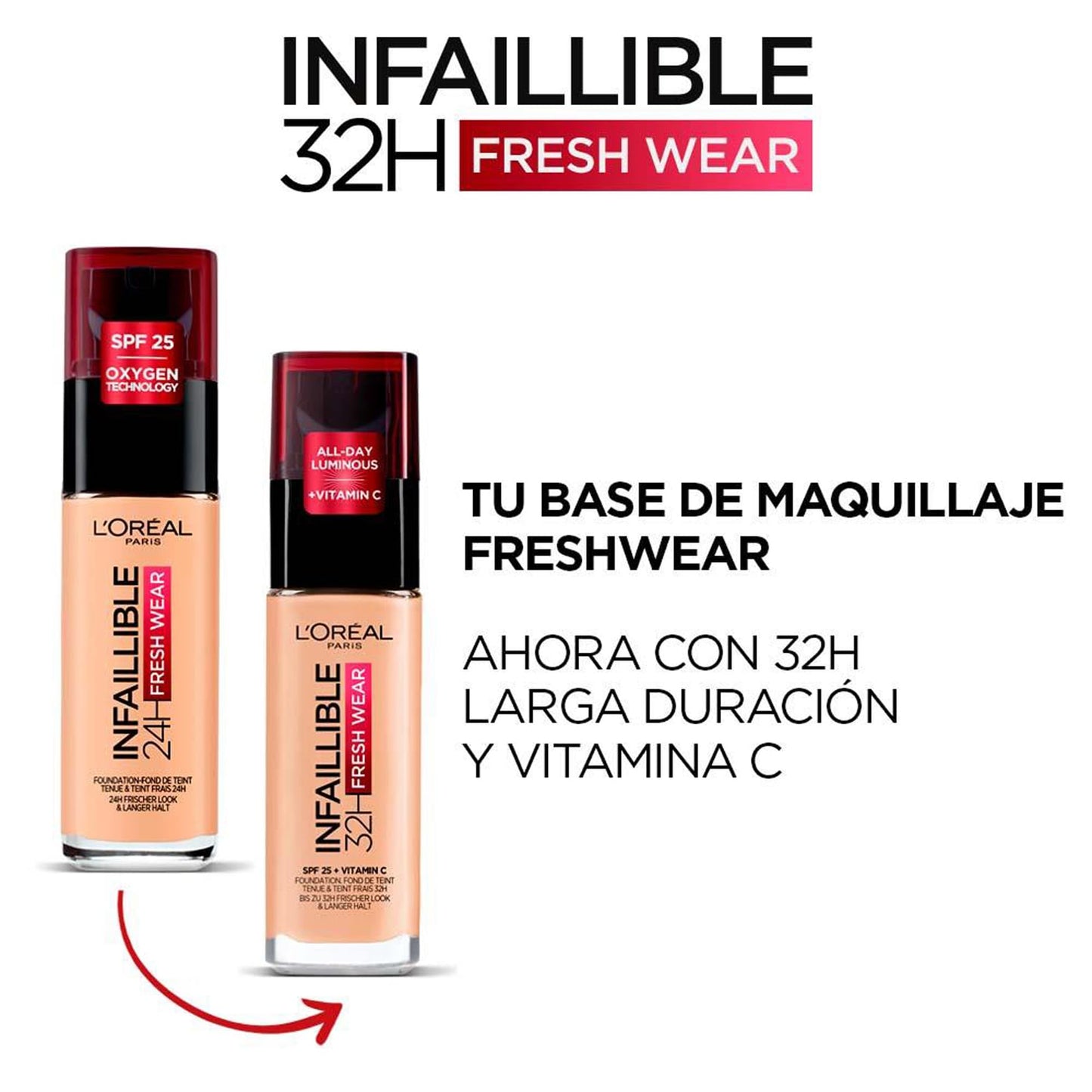 L'Oréal Paris, Base de maquillaje Líquida Infaillible 32h Fresh Wear, Para todo tipo de piel, Larga duración, Tono: Beige Peau (130), 30 ml