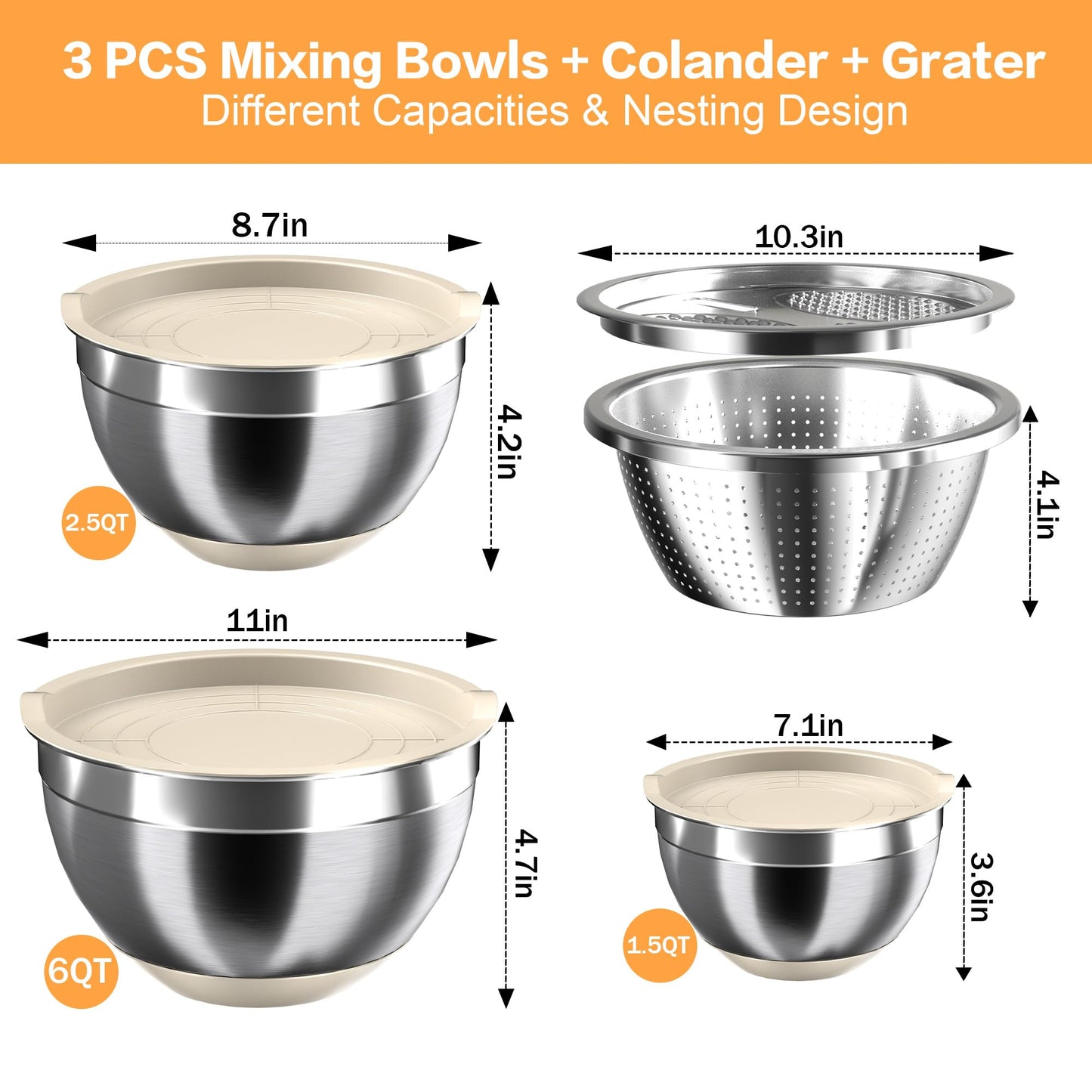 Mixing Bowls with Airtight Lids, Stainless Steel Mixing Bowl Set with 3 Metal Nesting Bowls, Colander & Grater, Non-Slip Bottoms, Size 1.5, 2.5, 6 QT, Great for Mixing & Serving, Khaki