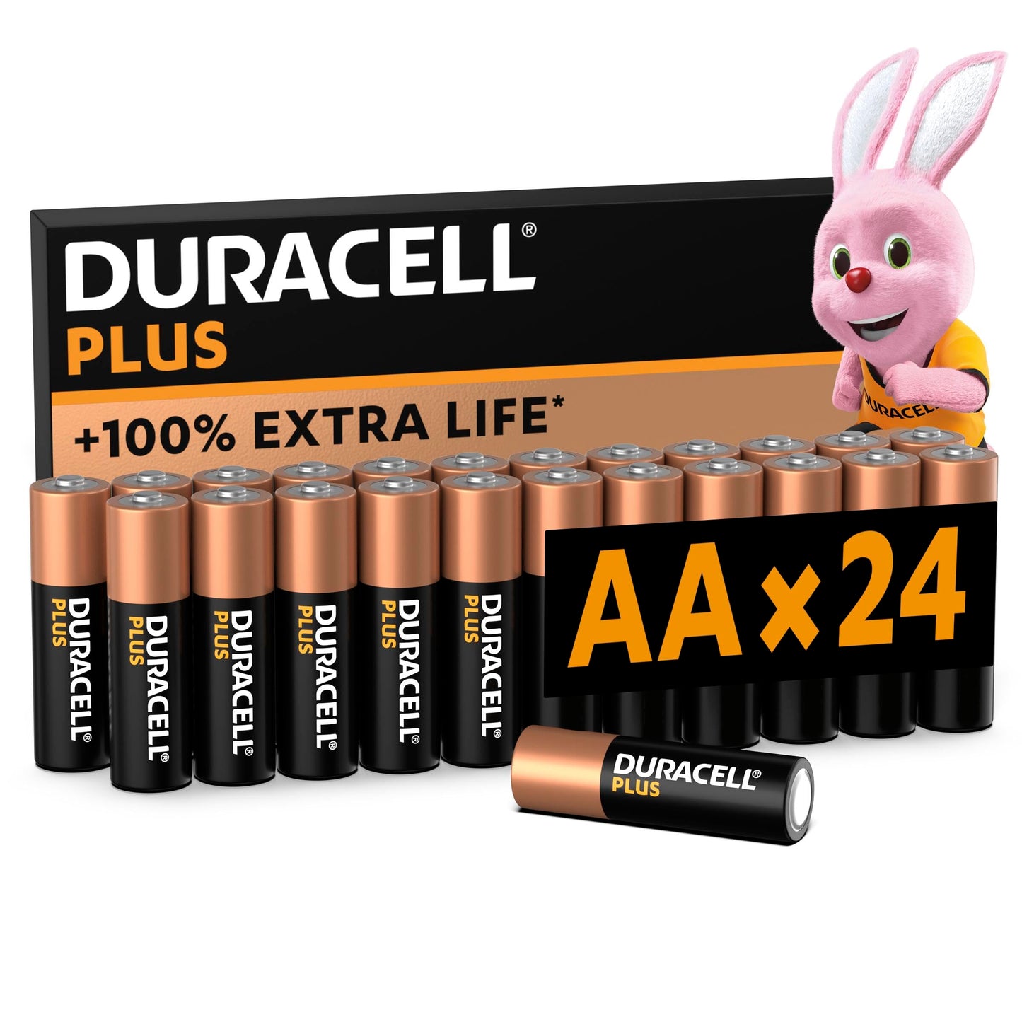 Duracell Plus pilas AA (pack de 24) - Alcalinas 1,5 V - Hasta 100 % de extra duración - Fiabilidad para dispositivos cotidianos - Embalaje sin plástico - 10 Años de almacenamiento - LR6 MN1500