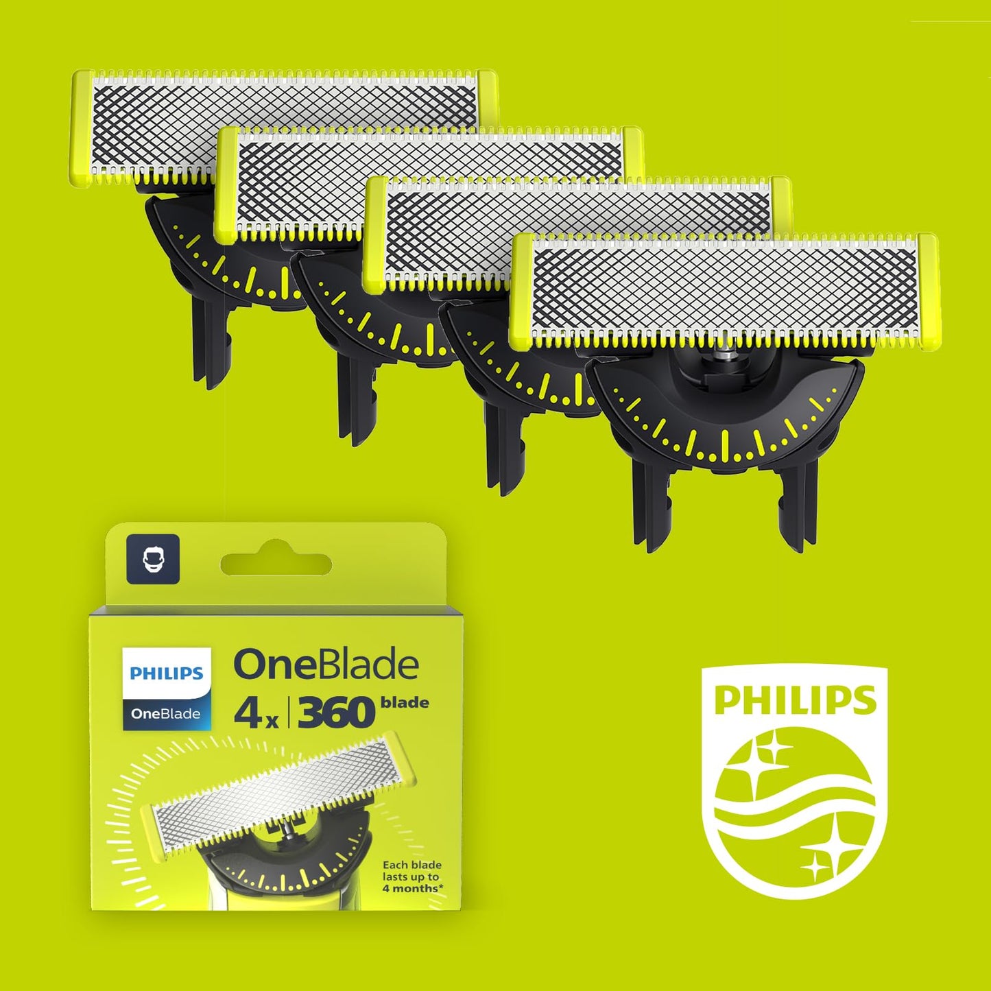 La auténtica Philips QP440/50 OneBlade 360 Cuchillas de Repuesto, para Recortador de Barba y Maquina de afeitar Hombre, Compatible con todos los Philips OneBlade, Pack de 4 unidades