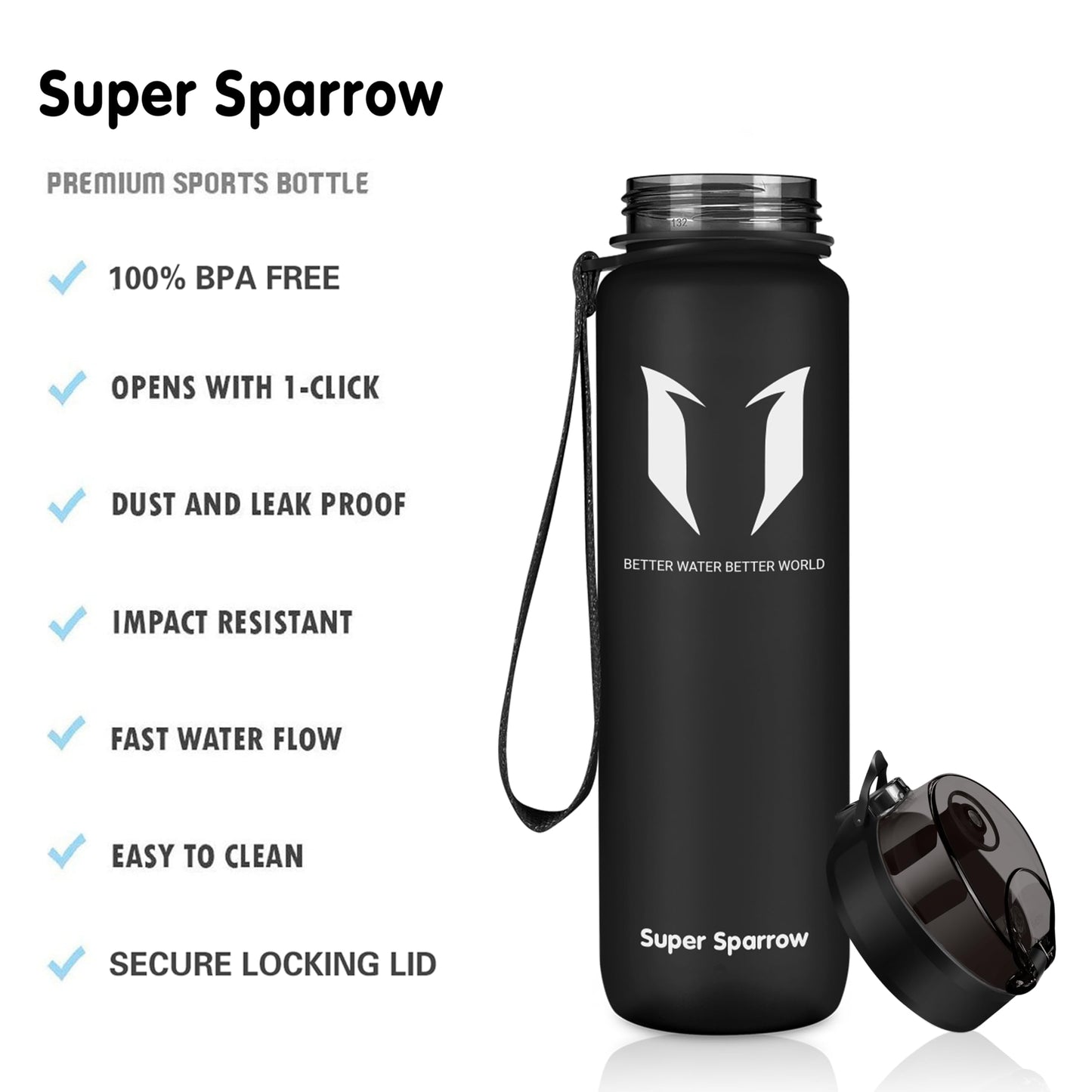 Super Sparrow Botella de Agua Deportiva - 750ml - Sin BPA (Mate- Negro)