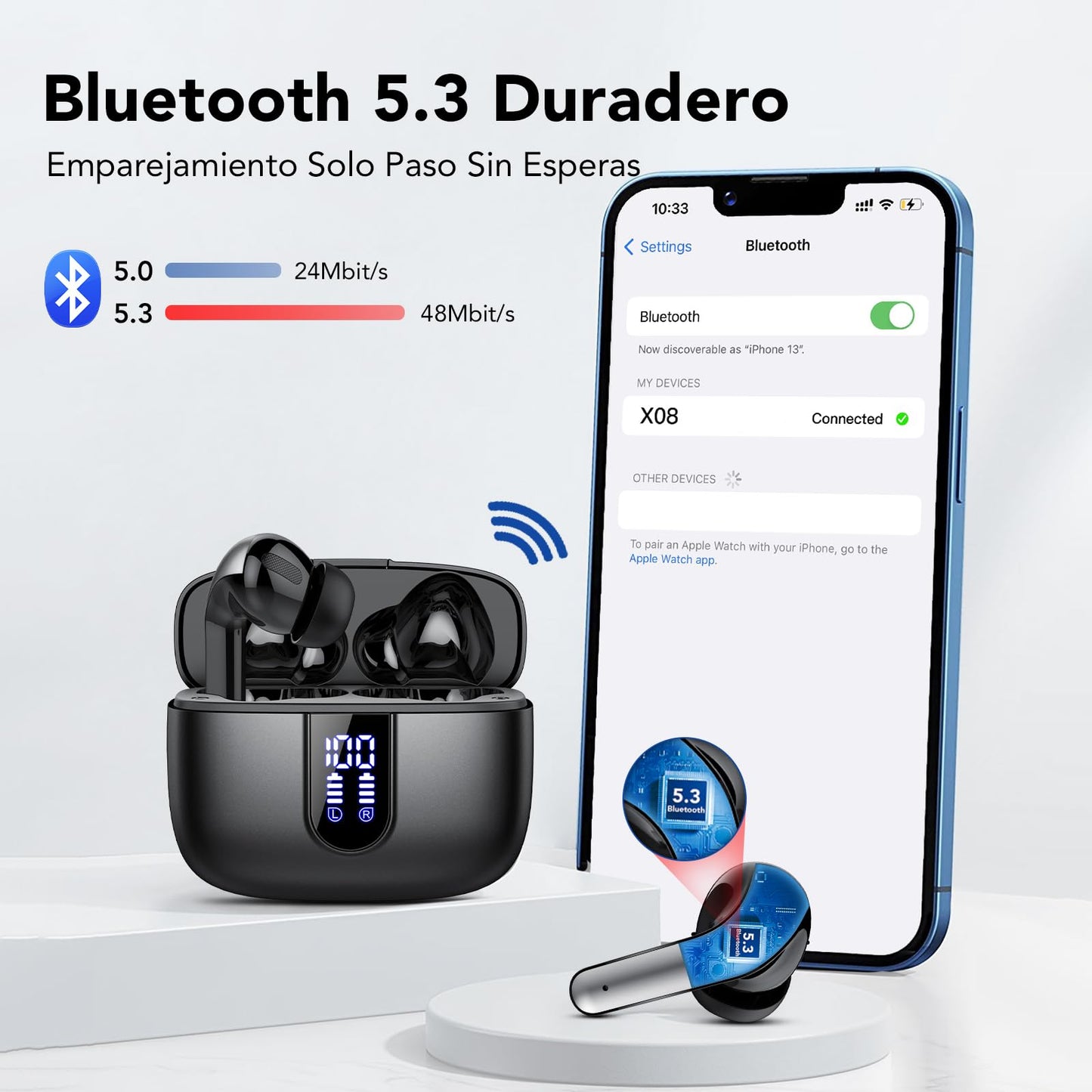 Auriculares Inalámbricos Bluetooth, Auriculares Bluetooth 5.3, 4 Mic con Reducción de Ruido ENC, 50H con Graves, Cascos Inalambricos Bluetooth IP7 Impermeable, Carga Rápida USB-C, Ajuste Cómodo