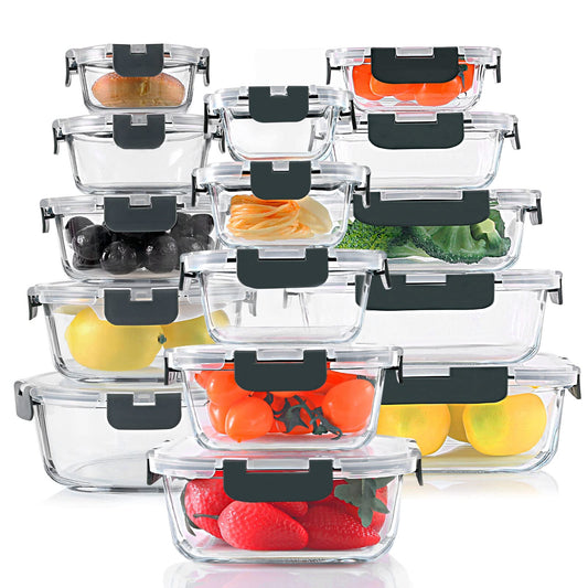 KOMUEE 30 Pieces Glass Food Storage Containers Set, Glass Meal Prep Containers Set with Snap Locking Lids, Airtight Glass lunch Containers for Microwave, Oven, Freezer & Dishwasher,Gray