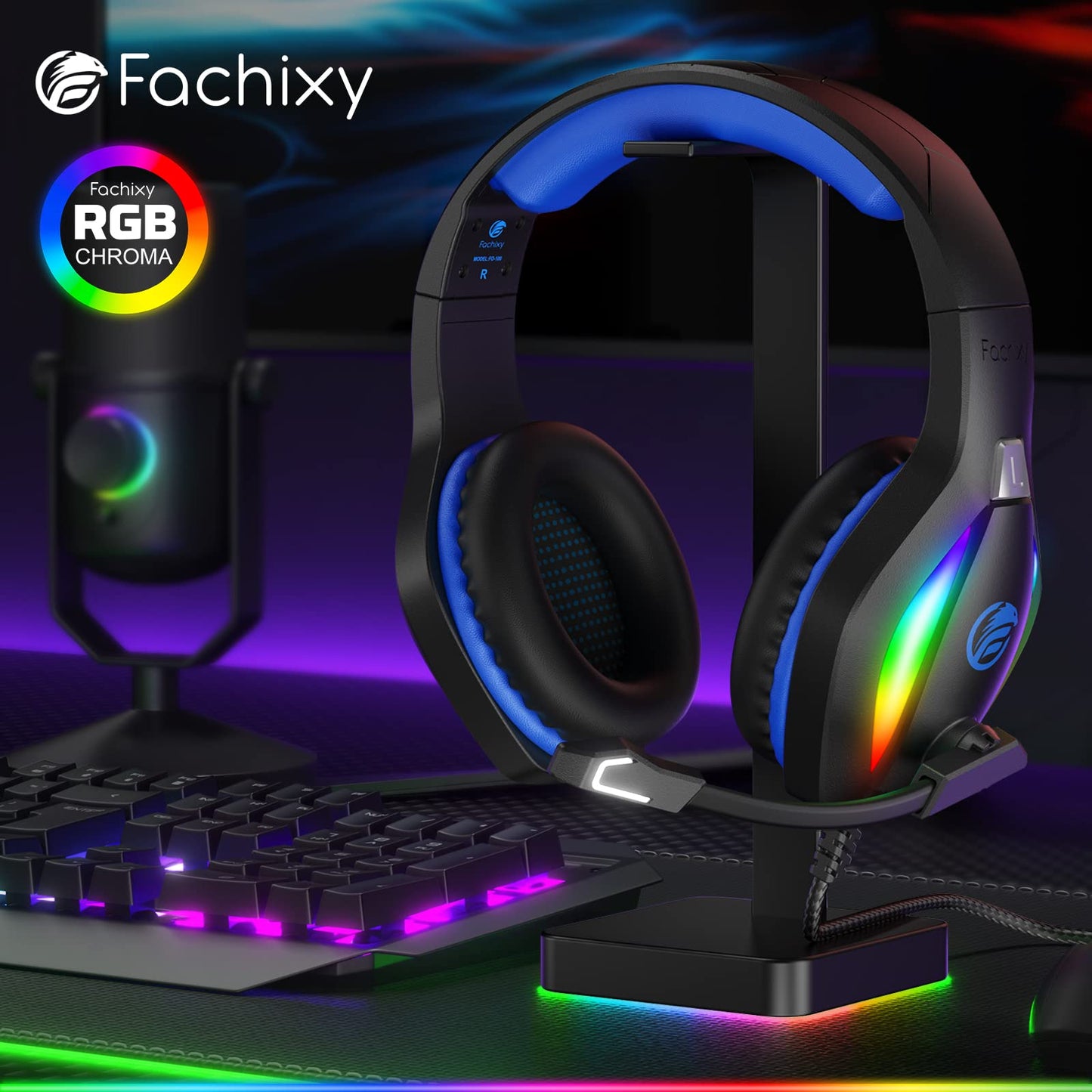 Fachixy 「2024 New」 FC100 Cascos Gaming para PS4/PS5/PC/Xbox One/Switch, Auriculares Gaming Cancelación de Ruido, Cascos con Microfono Estéreo Sonido, Cascos PS4 con 3.5mm Jack con Luz RGB (Azul)