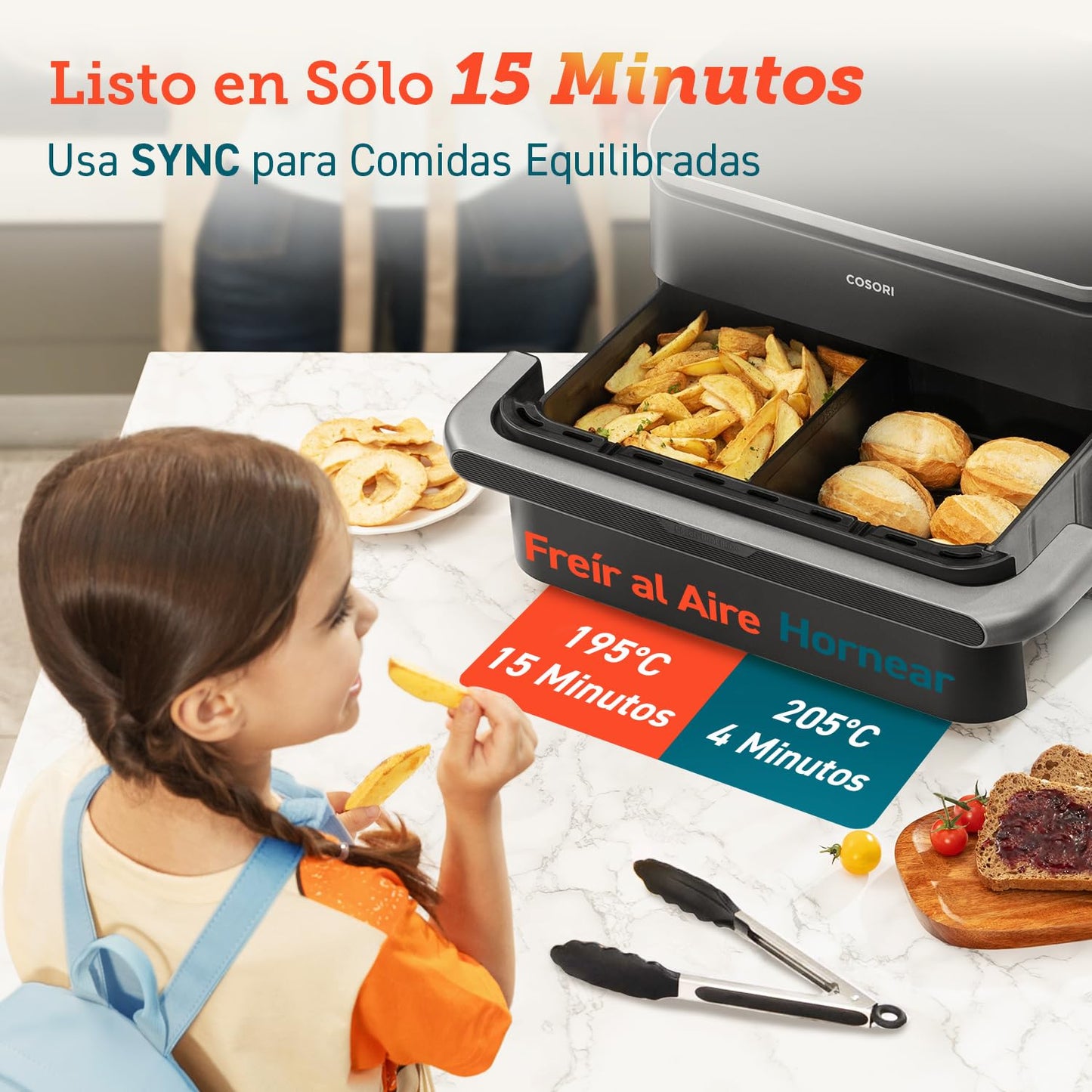 COSORI Freidora de Aire Dual Blaze TwinFry 10L, Air Fryer con 4 Resistencias de Doble Cesta a Una, 35-240ºC, Asar, Hornear y Deshidratar, 6 en 1, 70+ Recetas de Chefs y Pinzas, 8 Porciones, 2800W