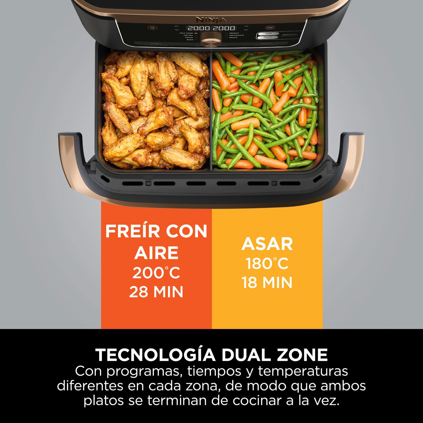 Ninja Foodi FlexDrawer Freidora de Aire Dual Zone, 10.4L, Air Fryer, 7 en 1, Freidora sin Aceite con 2 Cestas y Divisor Extraíble, Asa, Hornea, Frie, Pinzas Incluídas, Negro y Cobre, AF500EUCP