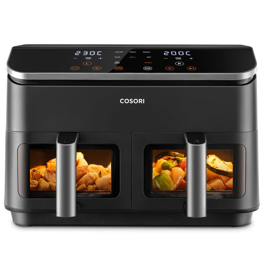 Cosori Freidora de Aire con Doble Cesta 8,5L Air Fryer, Capacidad Adecuada, Más Sano, SYNC Finish, 2-4 Personas, 10 en 1, 35-230℃, Uso Sencillo, Rápido y Crujiente, Acero Inox Interior