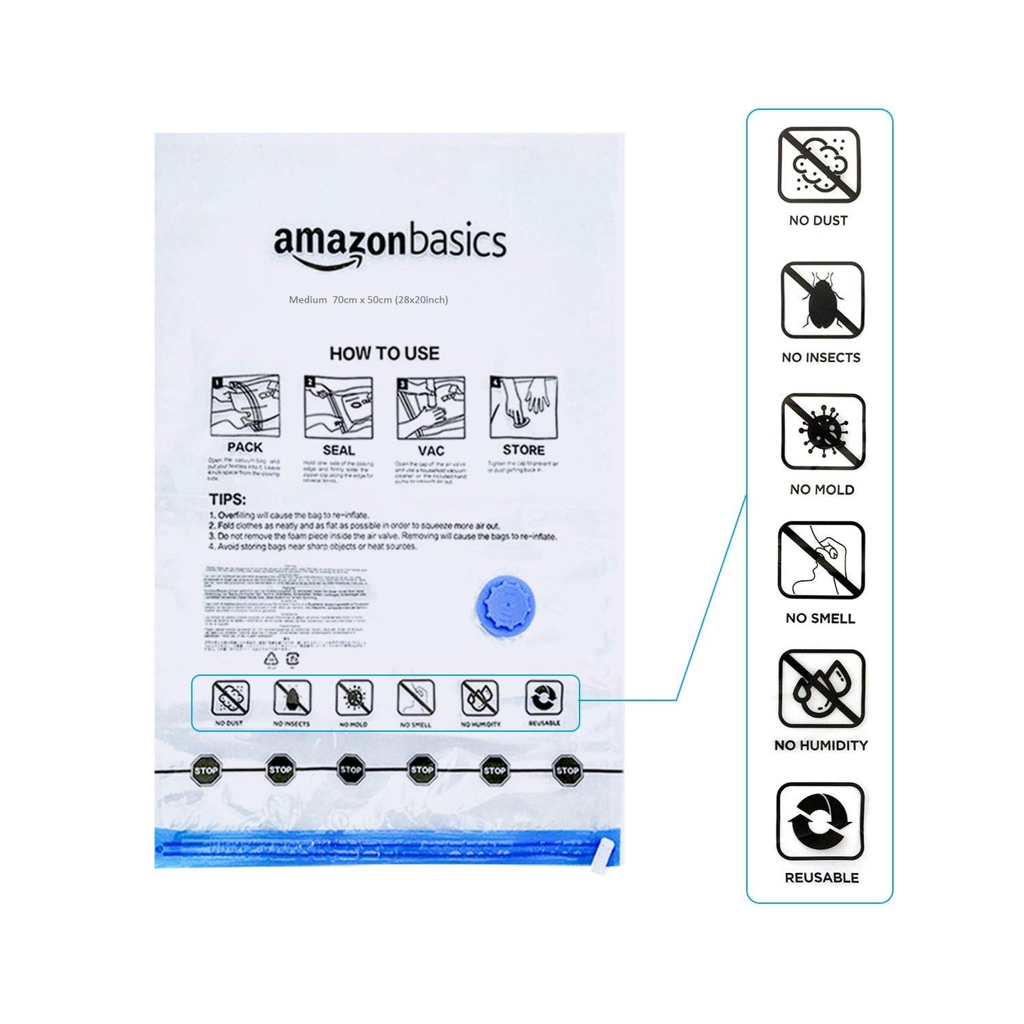 Amazon Basics bolsas de vacío Cremallera para almacenamiento, incluyen boca para aspirador, 6 Unidad (2 extragrandes, 2 grandes y 2 medianas), Transparente