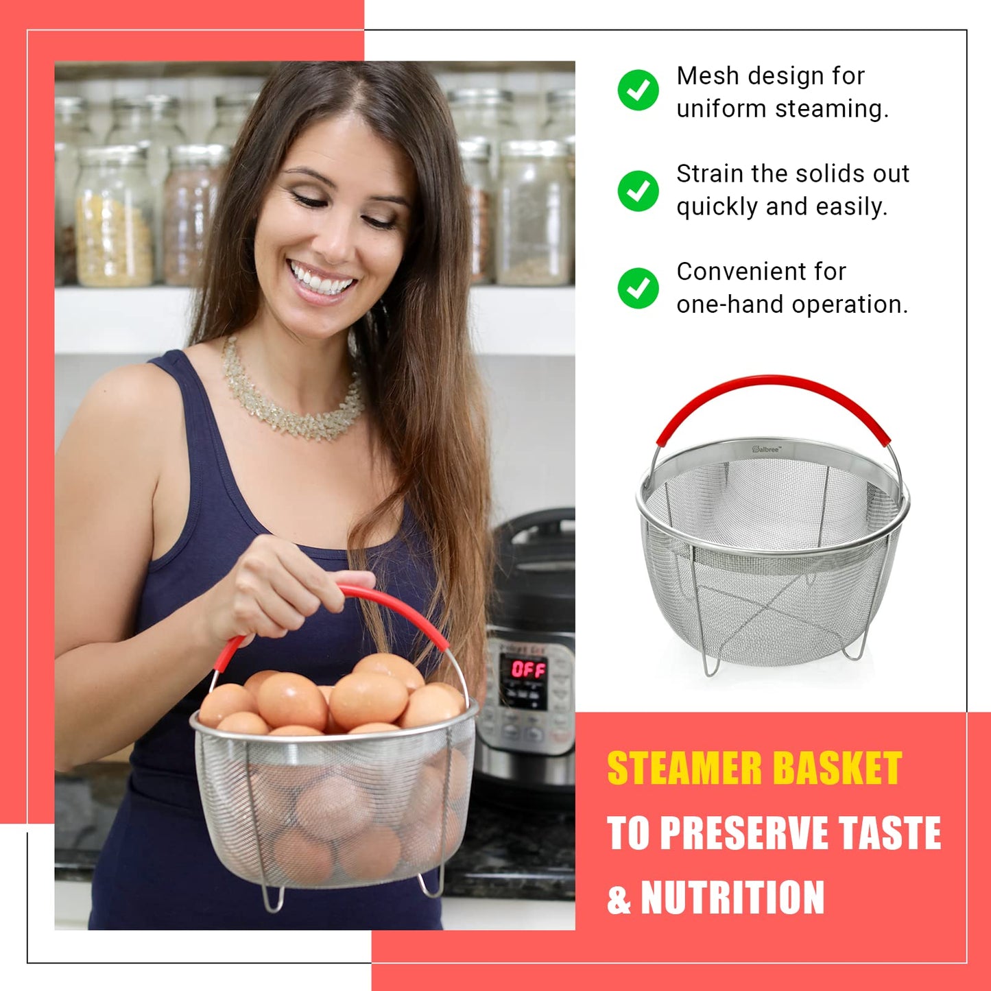 Original Salbree Steamer Basket for 6 quart Instant Pot Accessories, Stainless Steel Strainer and Insert fits IP Insta Pot, Instapot 6 qt, Other Pressure Cookers & Pots, with Handle [3qt 8qt avail]