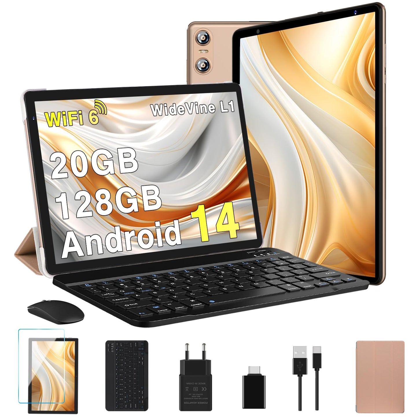 Biegedy Tablet 10 Pulgadas Android 14, 20GB RAM + 128GB ROM + TF 1GB, Dual Band WiFi 6, Widevine L1 / 5 MP + 8 MP / 1280 * 800 / Bluetooth 5.0, Octa-Core 1.8GHz Tablet con Teclado y Raton Oro