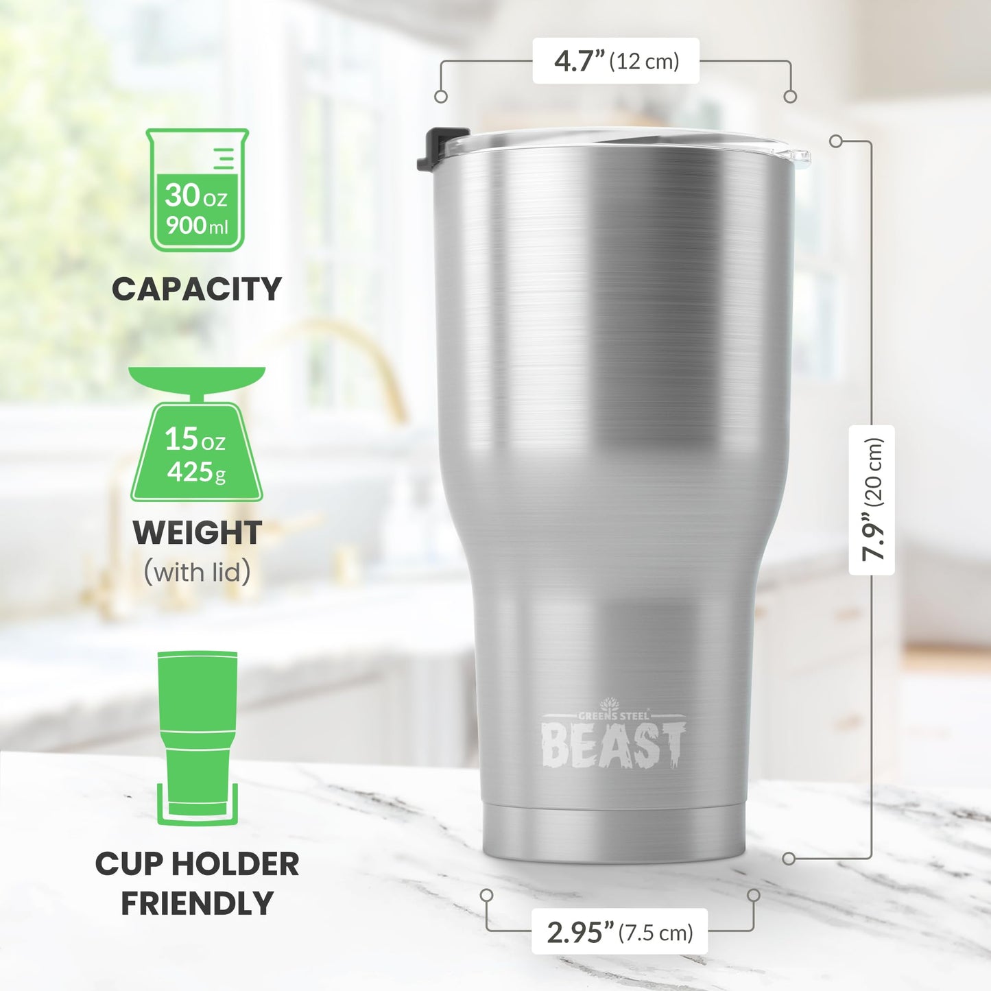 Beast 30 oz Tumbler Stainless Steel Vacuum Insulated Coffee Ice Cup Double Wall Travel Flask (Stainless Steel)