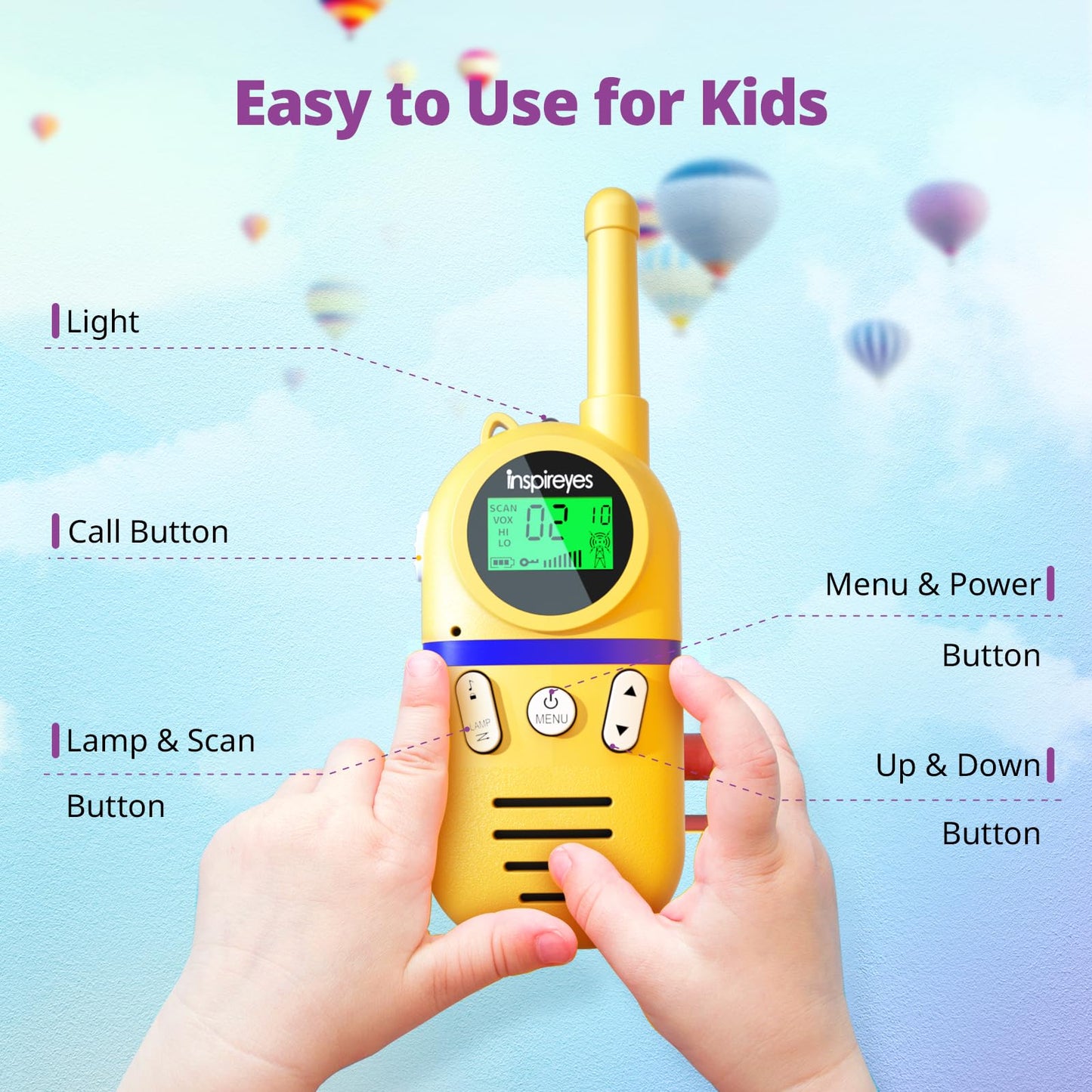 Inspireyes Walkie Talkie Niños Recargable, 48 Horas de Tiempo de Trabajo, 3 kilómetros de Largo Alcance, Regalos de Cumpleaños, Juguetes al Aire Libre para niños de 3 a 12 años, Paquete de 3