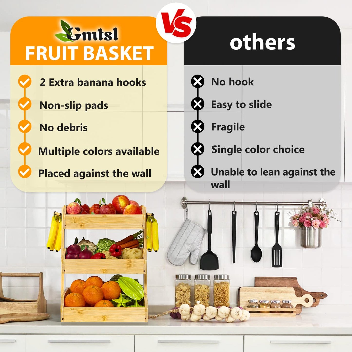 Gmtsl Bamboo Fruit Basket – 3 Tier Fruit Bowl For Kitchen Counter, Large Capacity Fruit Holder With 2 Banana Hangers, Idea For Fruit and Vegetable Storage, Bread Basket, Snack Organizer(BAMBOO)