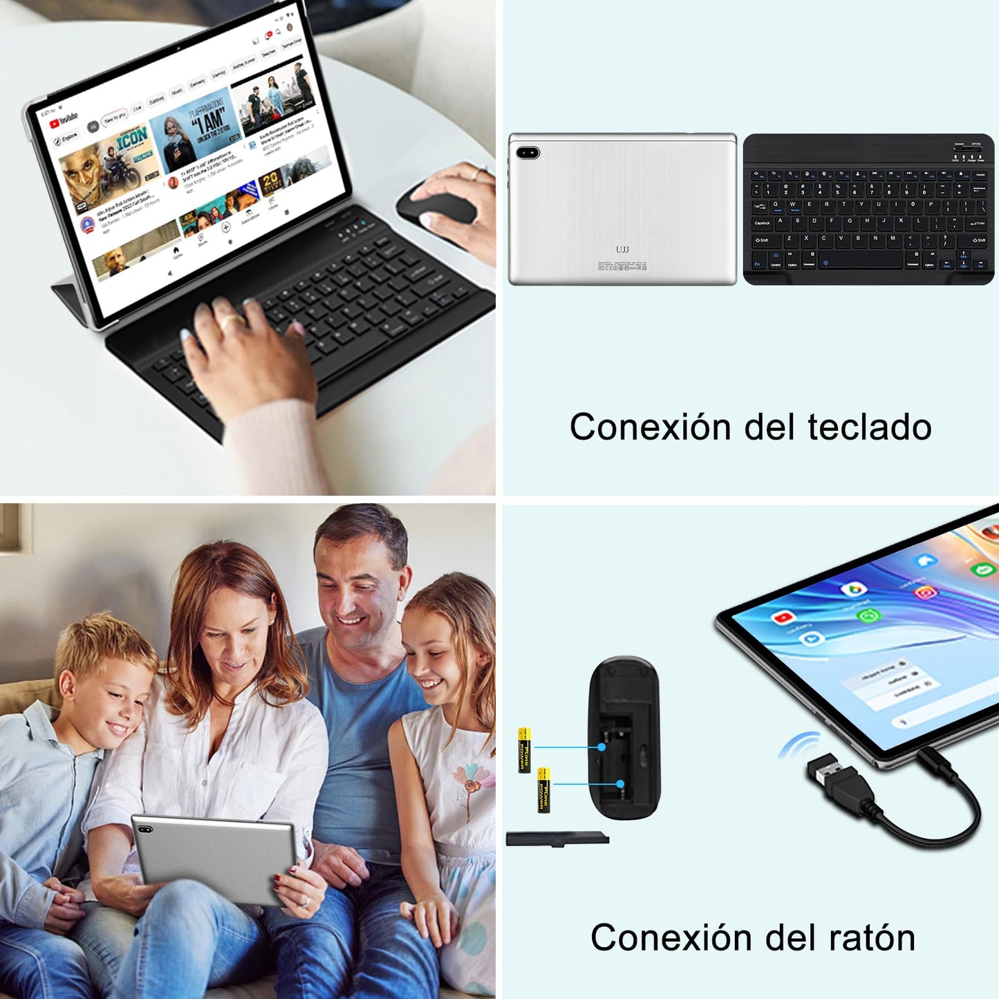 UJJ Tablet 10 Pulgadas Android 14 Tablet Octa-Core, 20GB RAM+128GB ROM (1TB TF), 5G+2.4G Dual Band WiFi 6, Bluetooth 5.0, 5MP+8MP, Widevine L1, HD IPS, Facciale ID, Tablet con Teclado y Raton-Plateado