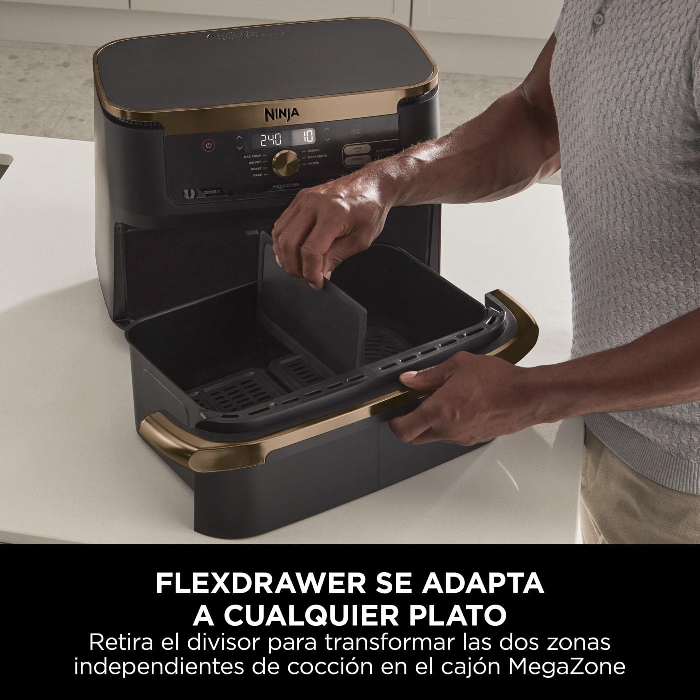 Ninja Foodi FlexDrawer Freidora de Aire Dual Zone, 10.4L, Air Fryer, 7 en 1, Freidora sin Aceite con 2 Cestas y Divisor Extraíble, Asa, Hornea, Frie, Pinzas Incluídas, Negro y Cobre, AF500EUCP