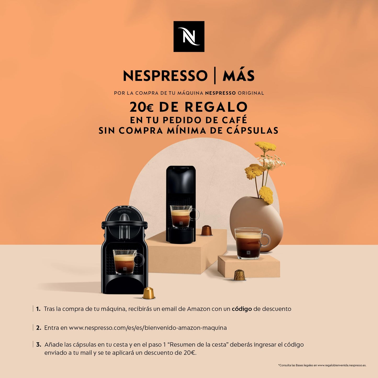 Nespresso De'Longhi Inissia EN80.CW - Cafetera monodosis de cápsulas Nespresso, 19 bares, apagado automático, color crema, Incluye pack de bienvenida con 7 cápsulas