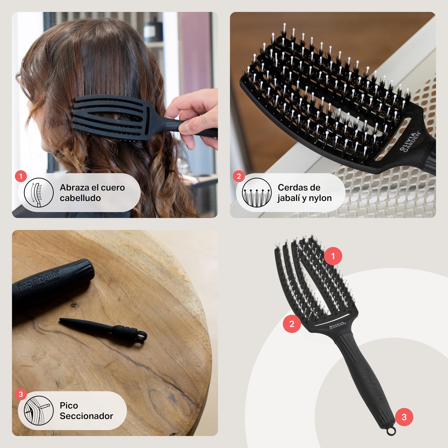 Olivia Garden Fingerbrush Care Iconic - Medium - Black - Detangling Hairbrush with Boar & Nylon Bristles for Ultimate Shine & Smooth Styling