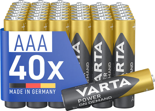 VARTA Pilas AAA, paquete de 40, Power on Demand, Alcalinas, 1,5V, para accesorios de ordenador, dispositivos Smart Home, linternas, Made in Germany