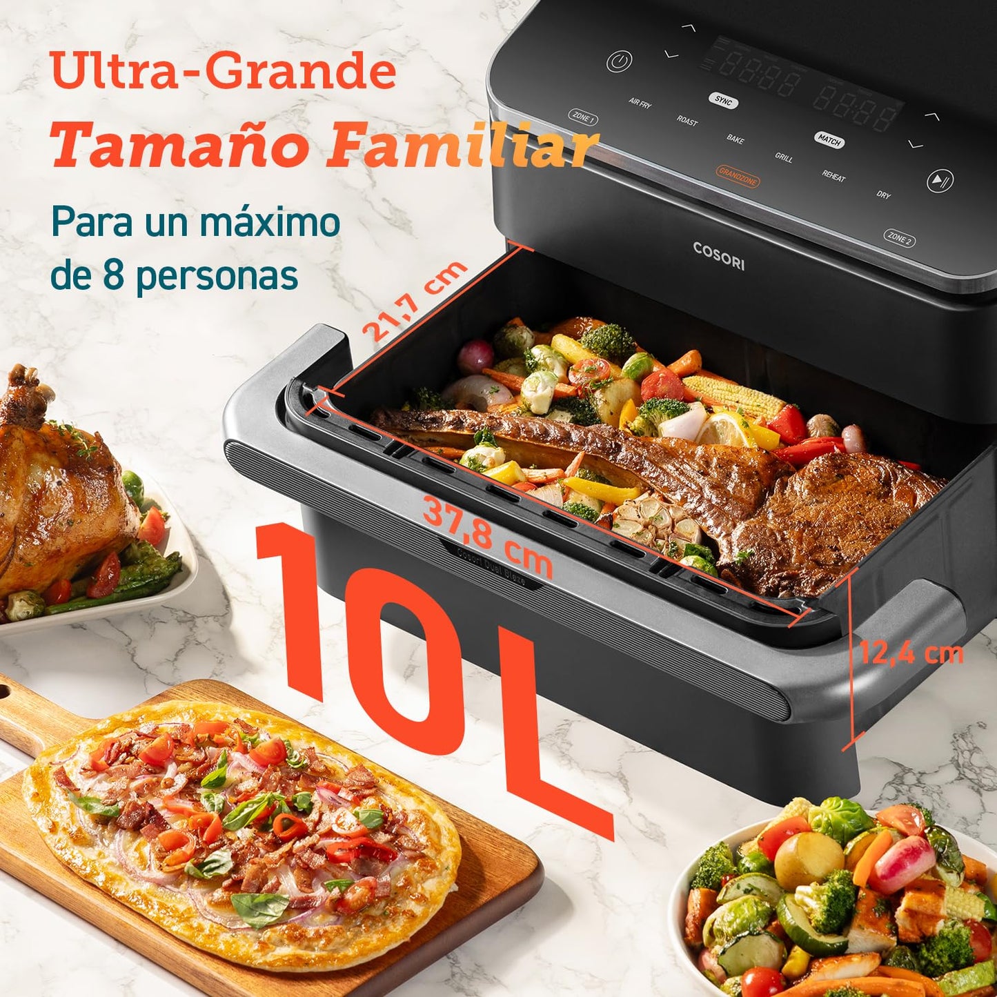 COSORI Freidora de Aire Dual Blaze TwinFry 10L, Air Fryer con 4 Resistencias de Doble Cesta a Una, 35-240ºC, Asar, Hornear y Deshidratar, 6 en 1, 70+ Recetas de Chefs y Pinzas, 8 Porciones, 2800W