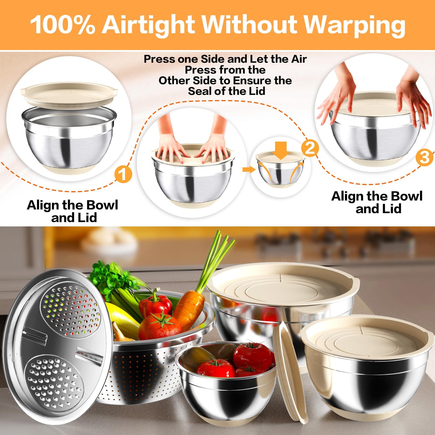 Mixing Bowls with Airtight Lids, Stainless Steel Mixing Bowl Set with 3 Metal Nesting Bowls, Colander & Grater, Non-Slip Bottoms, Size 1.5, 2.5, 6 QT, Great for Mixing & Serving, Khaki