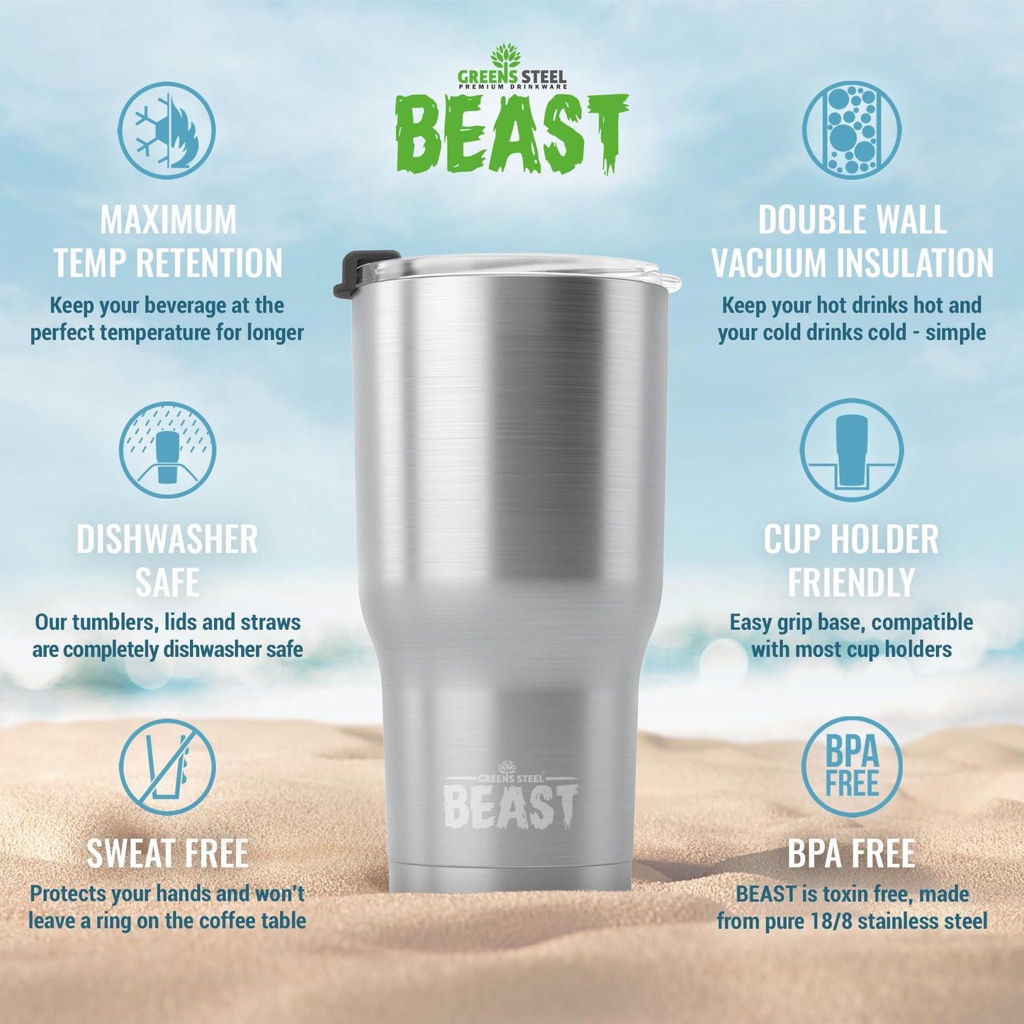 Beast 30 oz Tumbler Stainless Steel Vacuum Insulated Coffee Ice Cup Double Wall Travel Flask (Stainless Steel)