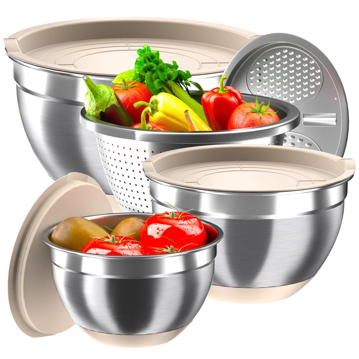 Mixing Bowls with Airtight Lids, Stainless Steel Mixing Bowl Set with 3 Metal Nesting Bowls, Colander & Grater, Non-Slip Bottoms, Size 1.5, 2.5, 6 QT, Great for Mixing & Serving, Khaki