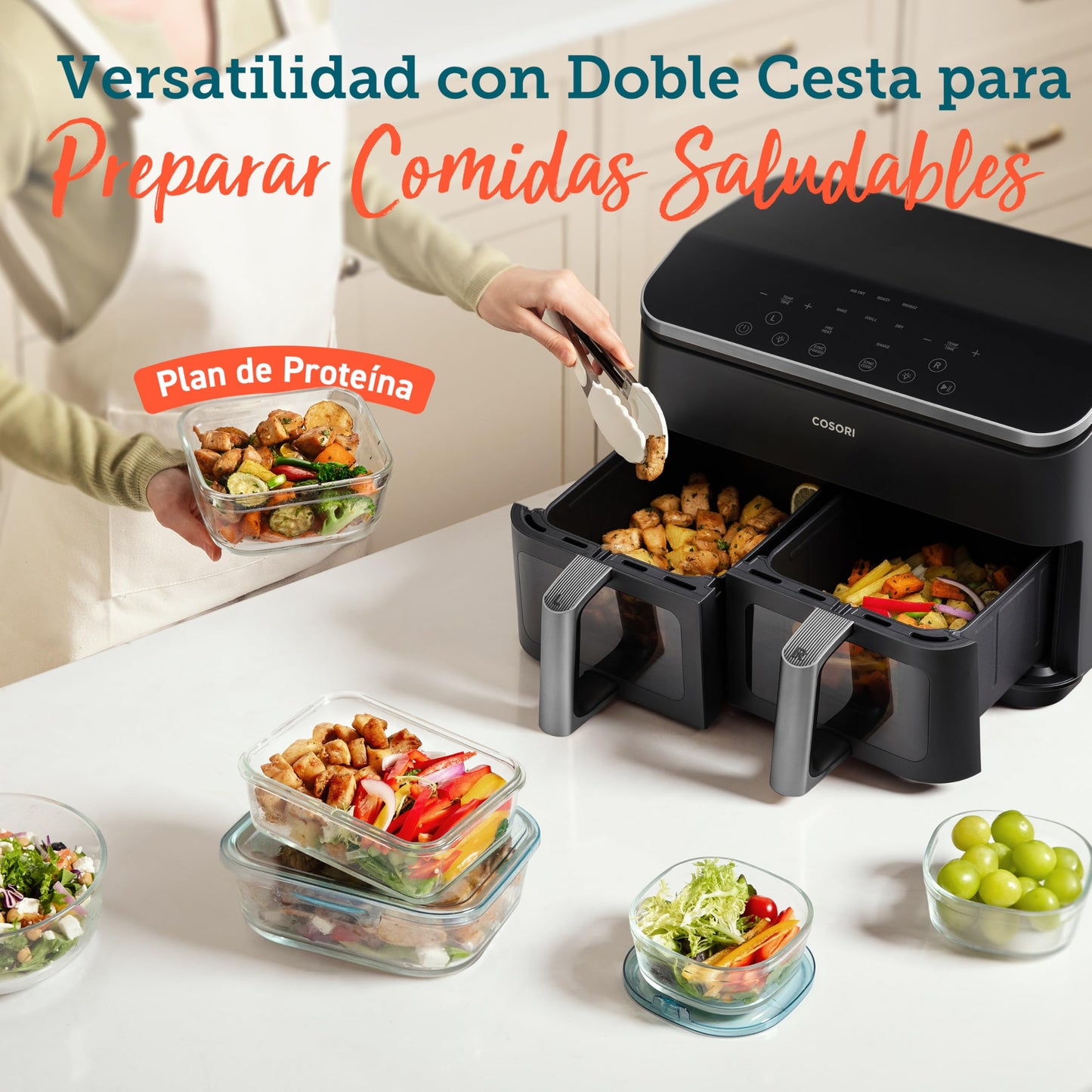 Cosori Freidora de Aire con Doble Cesta 8,5L Air Fryer, Capacidad Adecuada, Más Sano, SYNC Finish, 2-4 Personas, 10 en 1, 35-230℃, Uso Sencillo, Rápido y Crujiente, Acero Inox Interior